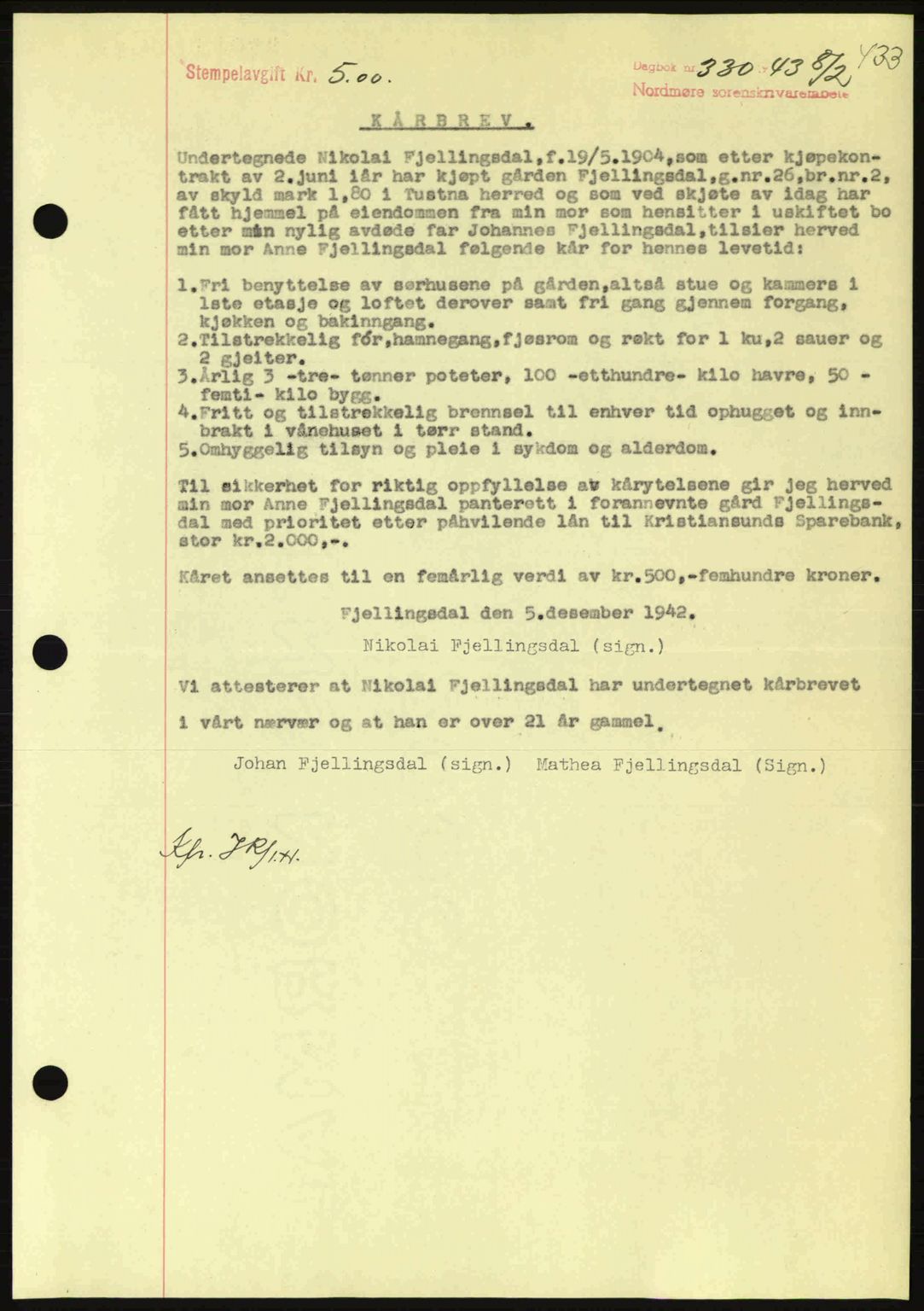 Nordmøre sorenskriveri, SAT/A-4132/1/2/2Ca: Pantebok nr. B90, 1942-1943, Dagboknr: 330/1943