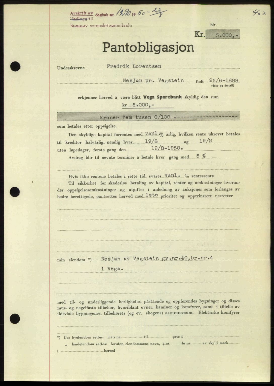 Brønnøy sorenskriveri, SAT/A-4170/1/2/2C: Pantebok nr. 36, 1950-1950, Dagboknr: 1290/1950