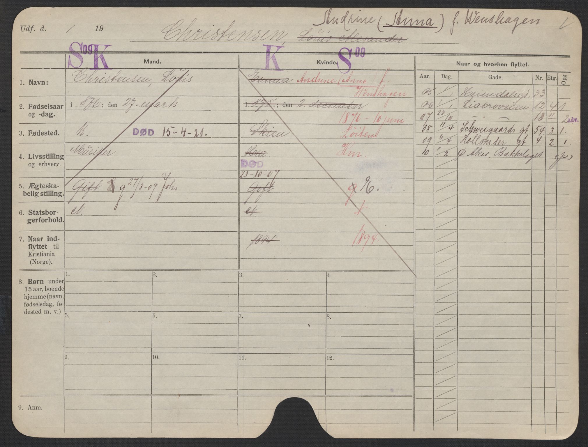 Oslo folkeregister, Registerkort, AV/SAO-A-11715/F/Fa/Fac/L0019: Kvinner, 1906-1914, s. 107a