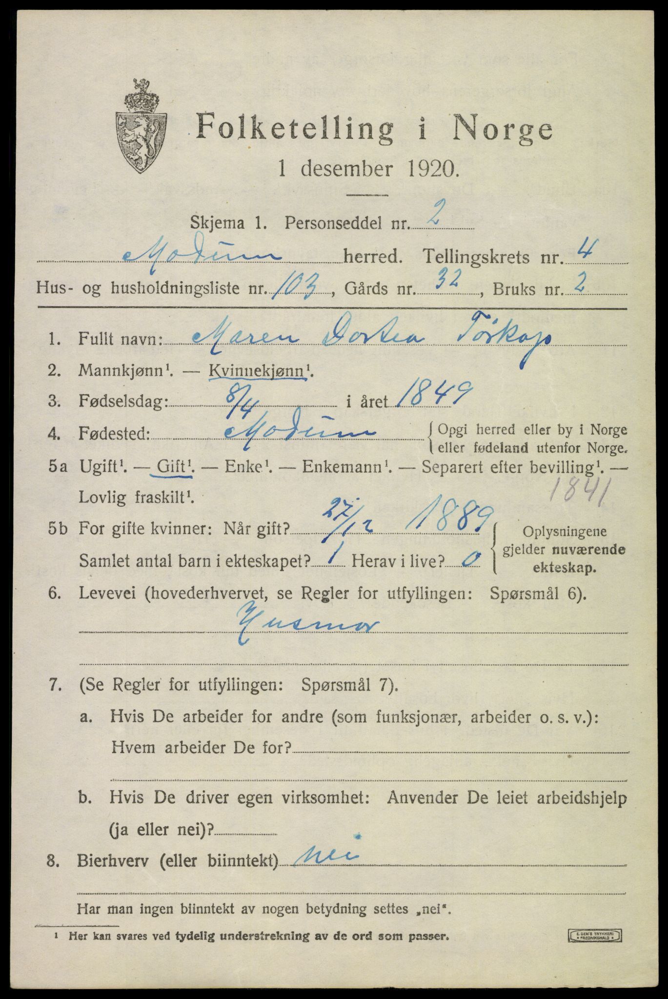 SAKO, Folketelling 1920 for 0623 Modum herred, 1920, s. 6459