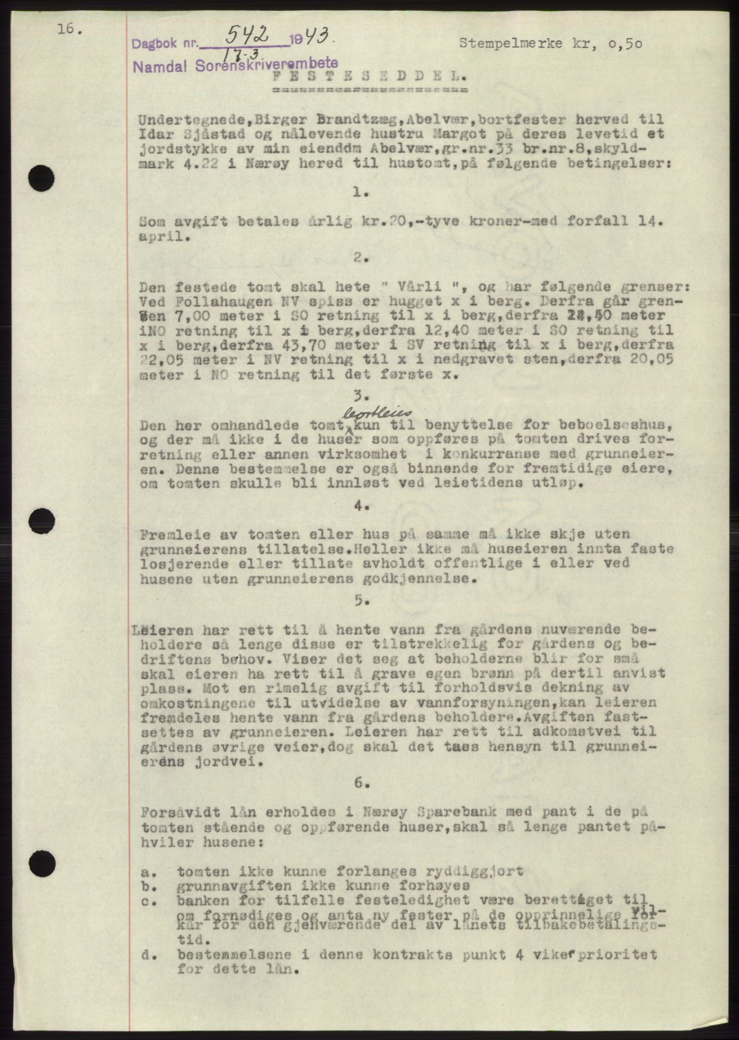 Namdal sorenskriveri, SAT/A-4133/1/2/2C: Pantebok nr. -, 1942-1943, Dagboknr: 542/1943