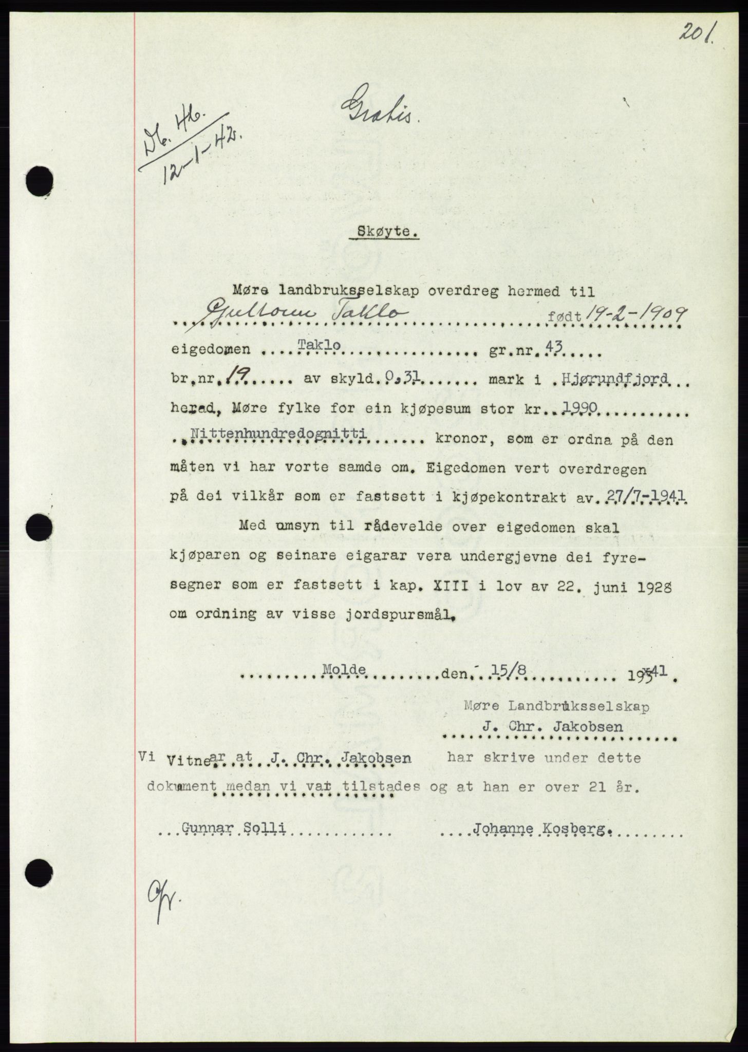 Søre Sunnmøre sorenskriveri, AV/SAT-A-4122/1/2/2C/L0073: Pantebok nr. 67, 1941-1942, Dagboknr: 46/1942