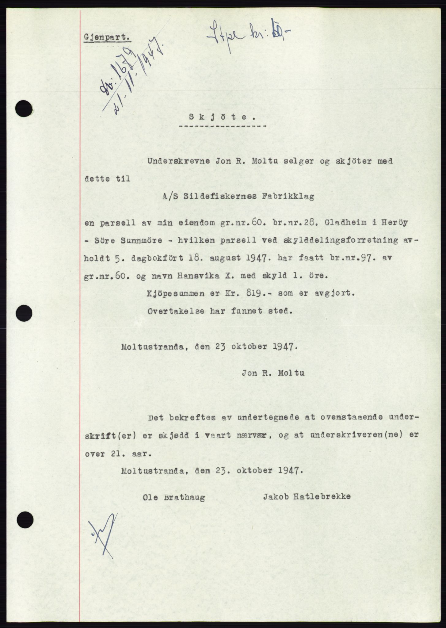 Søre Sunnmøre sorenskriveri, SAT/A-4122/1/2/2C/L0081: Pantebok nr. 7A, 1947-1948, Dagboknr: 1679/1947