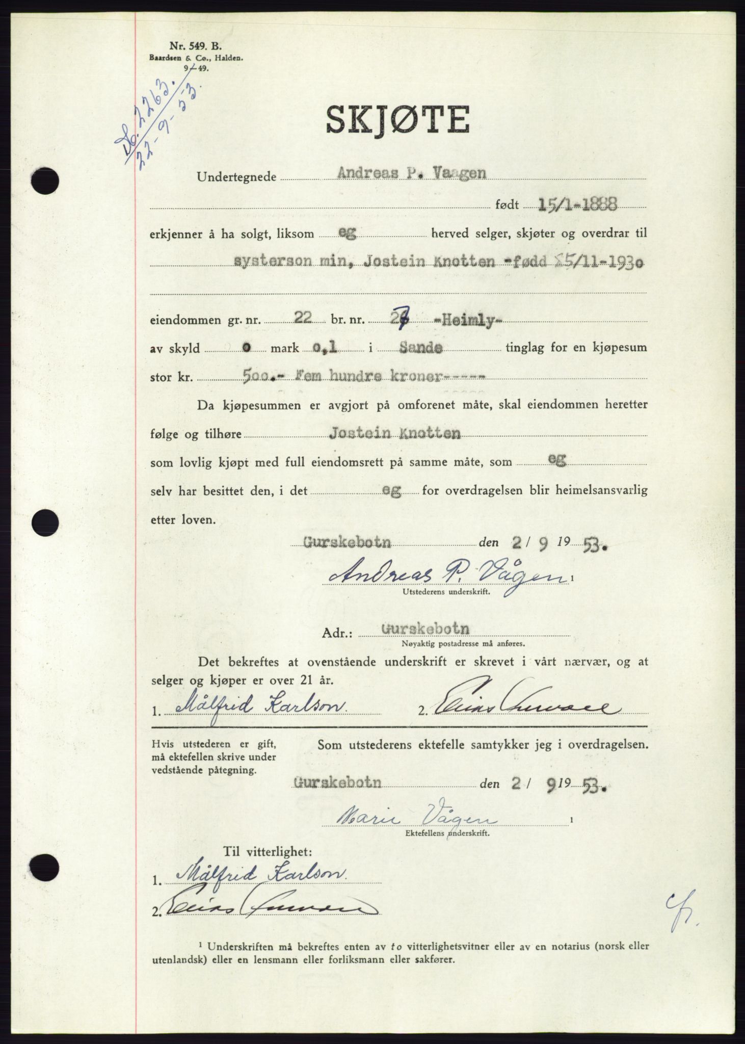 Søre Sunnmøre sorenskriveri, AV/SAT-A-4122/1/2/2C/L0095: Pantebok nr. 21A, 1953-1953, Dagboknr: 2263/1953