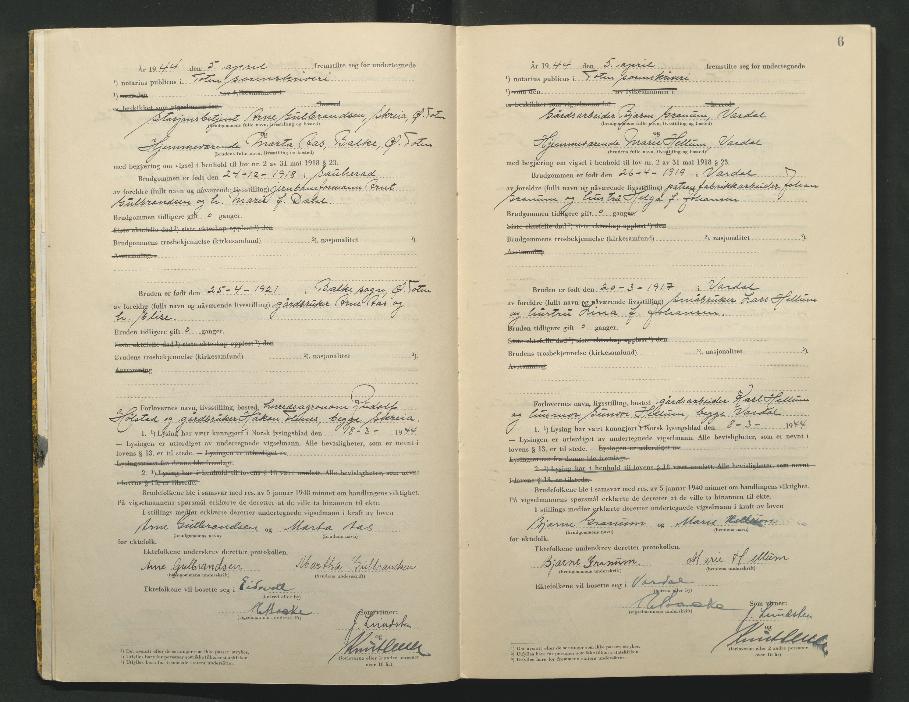 Toten tingrett, AV/SAH-TING-006/L/Lc/L0004: Vigselbok, 1944, s. 6