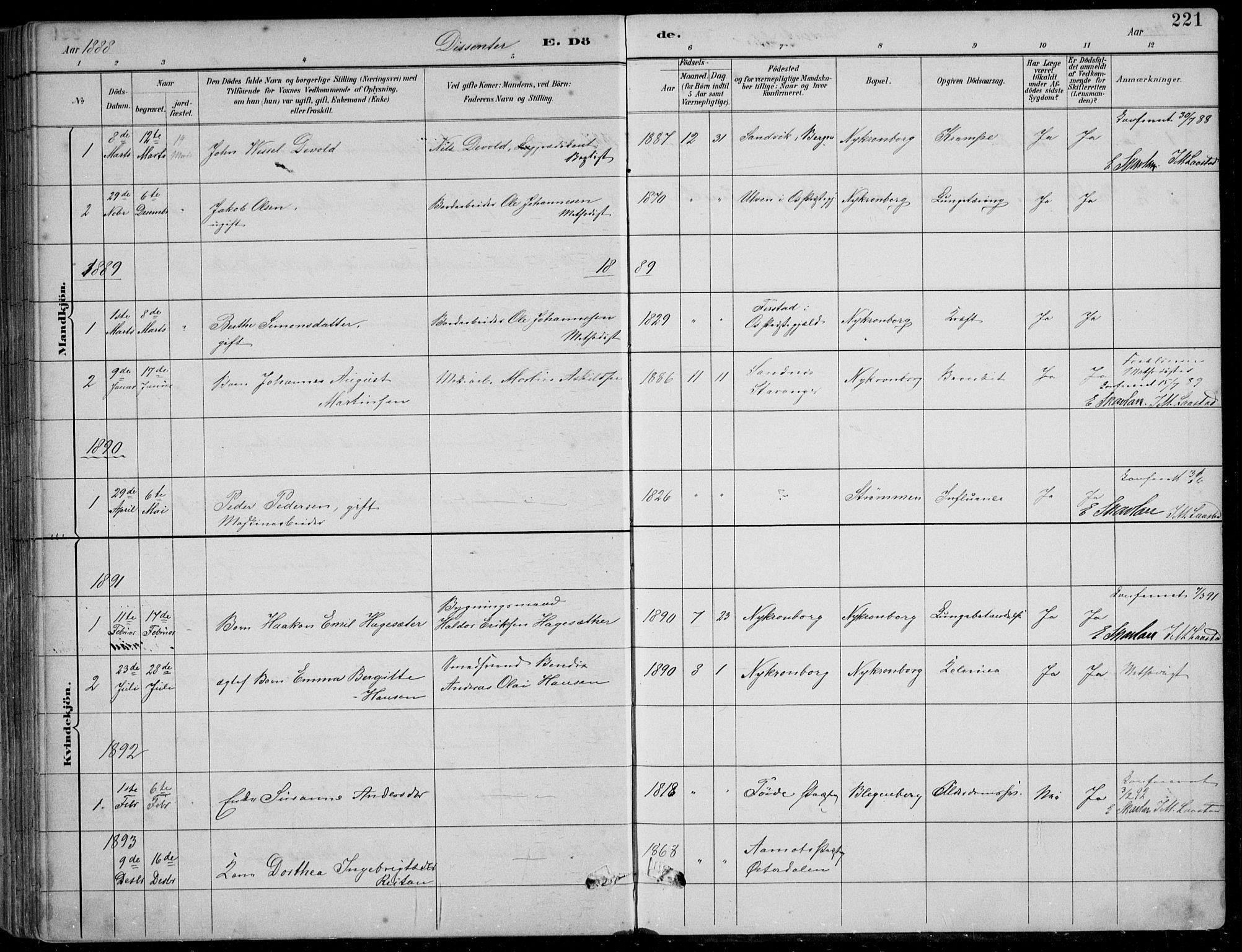 Årstad Sokneprestembete, AV/SAB-A-79301/H/Hab/L0011: Klokkerbok nr. B 1, 1886-1901, s. 221