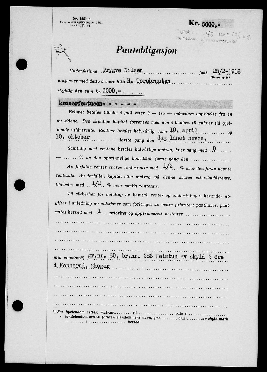 Holmestrand sorenskriveri, SAKO/A-67/G/Ga/Gab/L0058: Pantebok nr. B-58, 1947-1948, Dagboknr: 48/1948