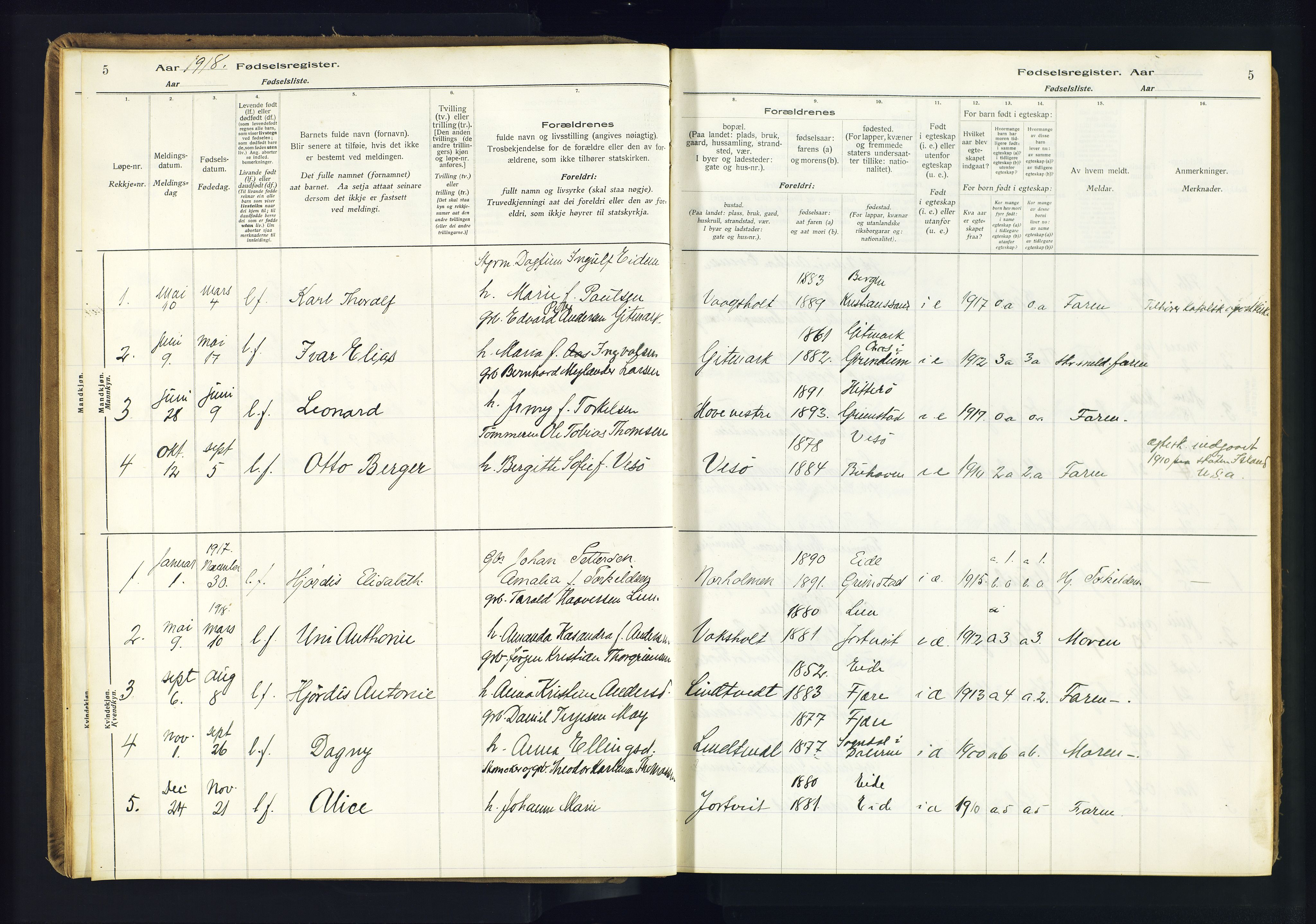 Hommedal sokneprestkontor, AV/SAK-1111-0023/J/Jd/L0003: Fødselsregister nr. 3, 1916-1982, s. 5