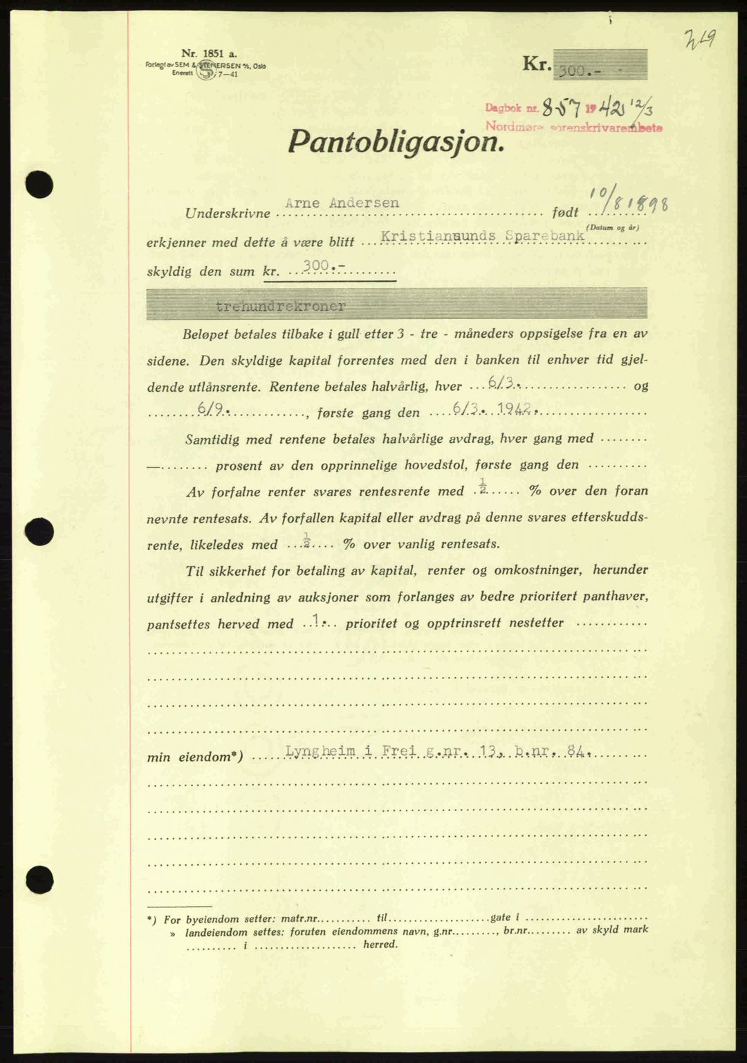 Nordmøre sorenskriveri, AV/SAT-A-4132/1/2/2Ca: Pantebok nr. B89, 1942-1942, Dagboknr: 857/1942