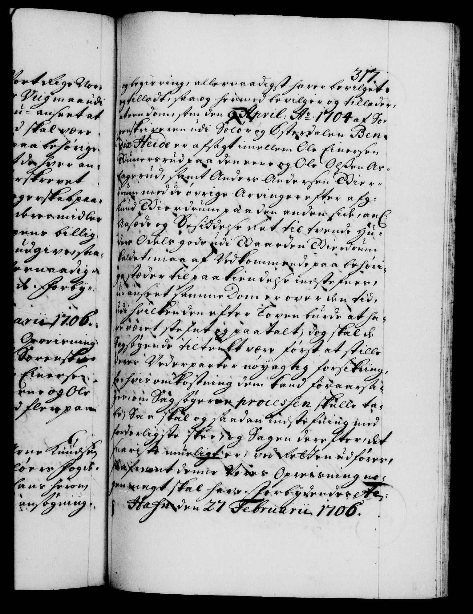 Danske Kanselli 1572-1799, RA/EA-3023/F/Fc/Fca/Fcaa/L0019: Norske registre, 1704-1707, s. 317a