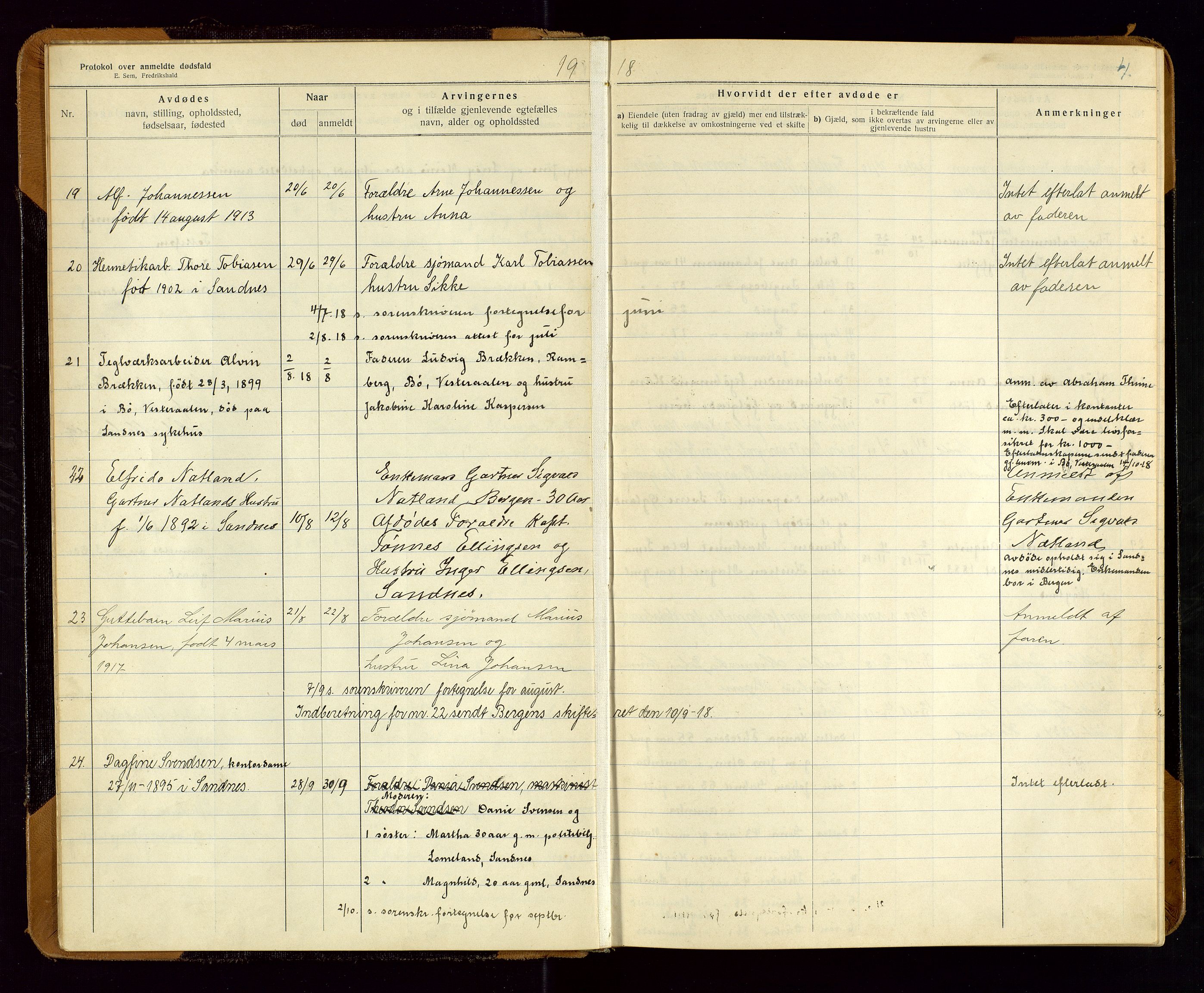 Sandnes lensmannskontor, AV/SAST-A-100167/Gga/L0001: "Protokol over anmeldte dødsfald" m/register, 1918-1940, s. 4