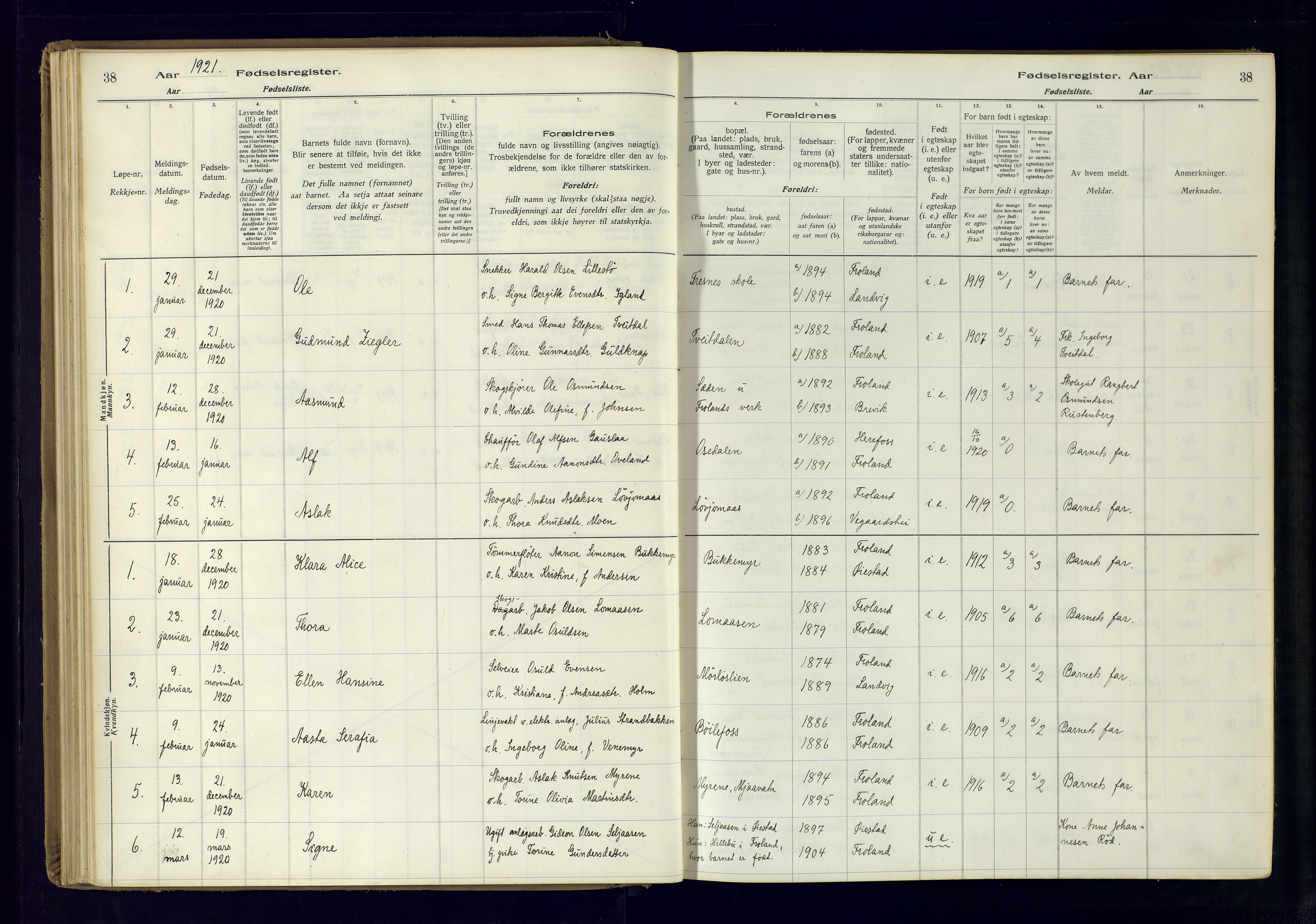 Froland sokneprestkontor, SAK/1111-0013/J/Ja/L0001: Fødselsregister nr. 1, 1916-1950, s. 38