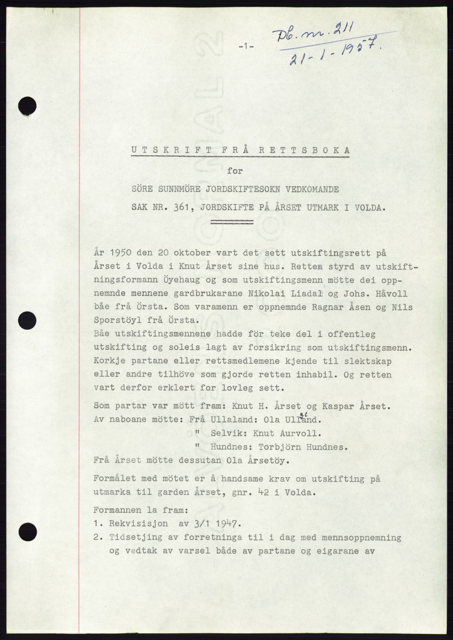 Søre Sunnmøre sorenskriveri, SAT/A-4122/1/2/2C/L0105: Pantebok nr. 31A, 1956-1957, Dagboknr: 211/1957