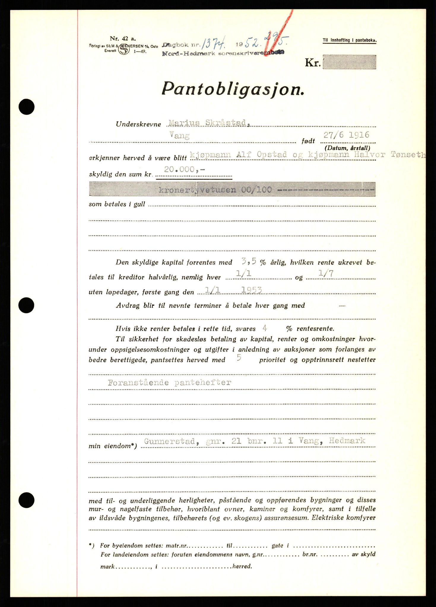 Nord-Hedmark sorenskriveri, SAH/TING-012/H/Hb/Hbf/L0025: Pantebok nr. B25, 1952-1952, Dagboknr: 1374/1952