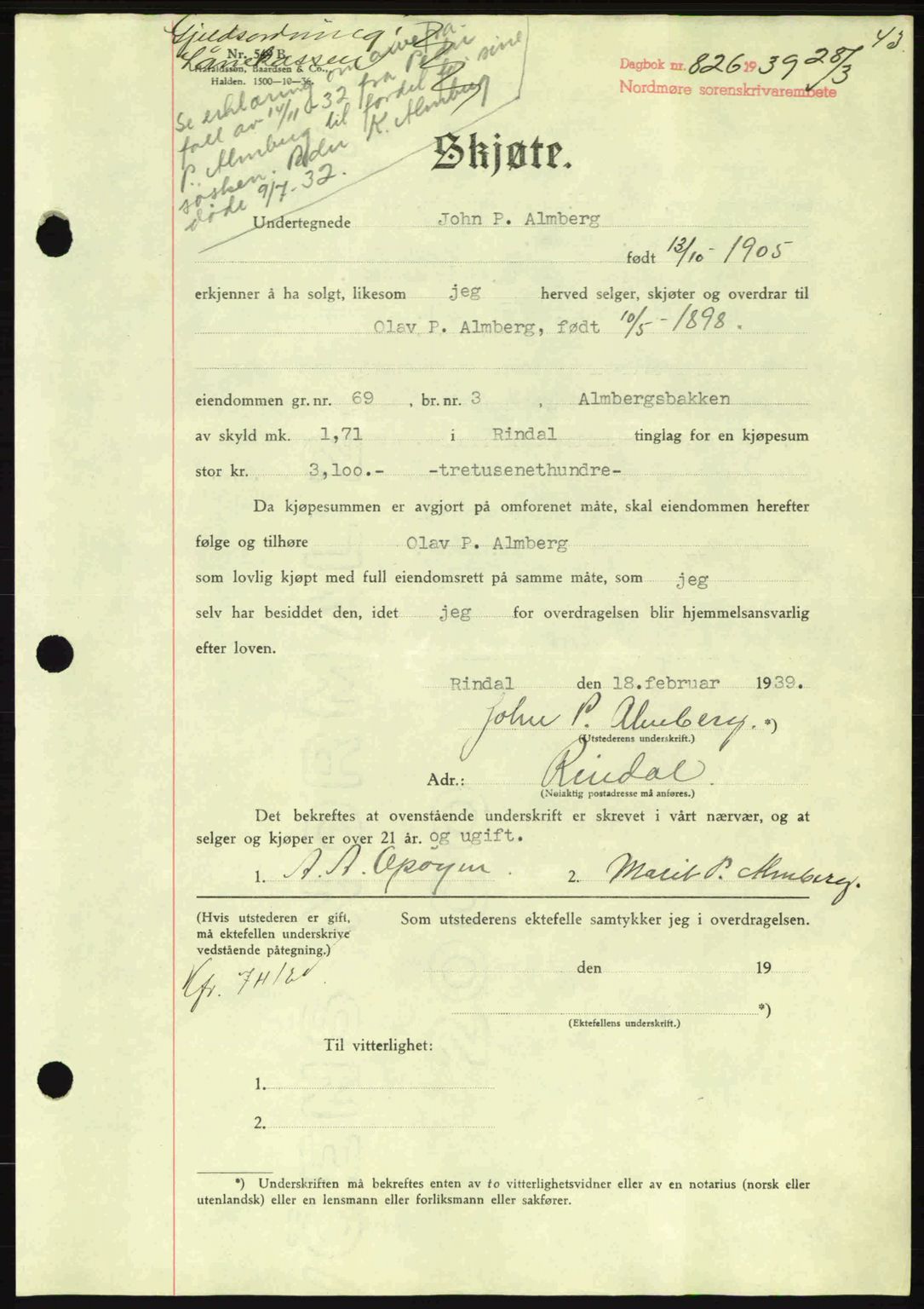 Nordmøre sorenskriveri, AV/SAT-A-4132/1/2/2Ca: Pantebok nr. A86, 1939-1939, Dagboknr: 826/1939