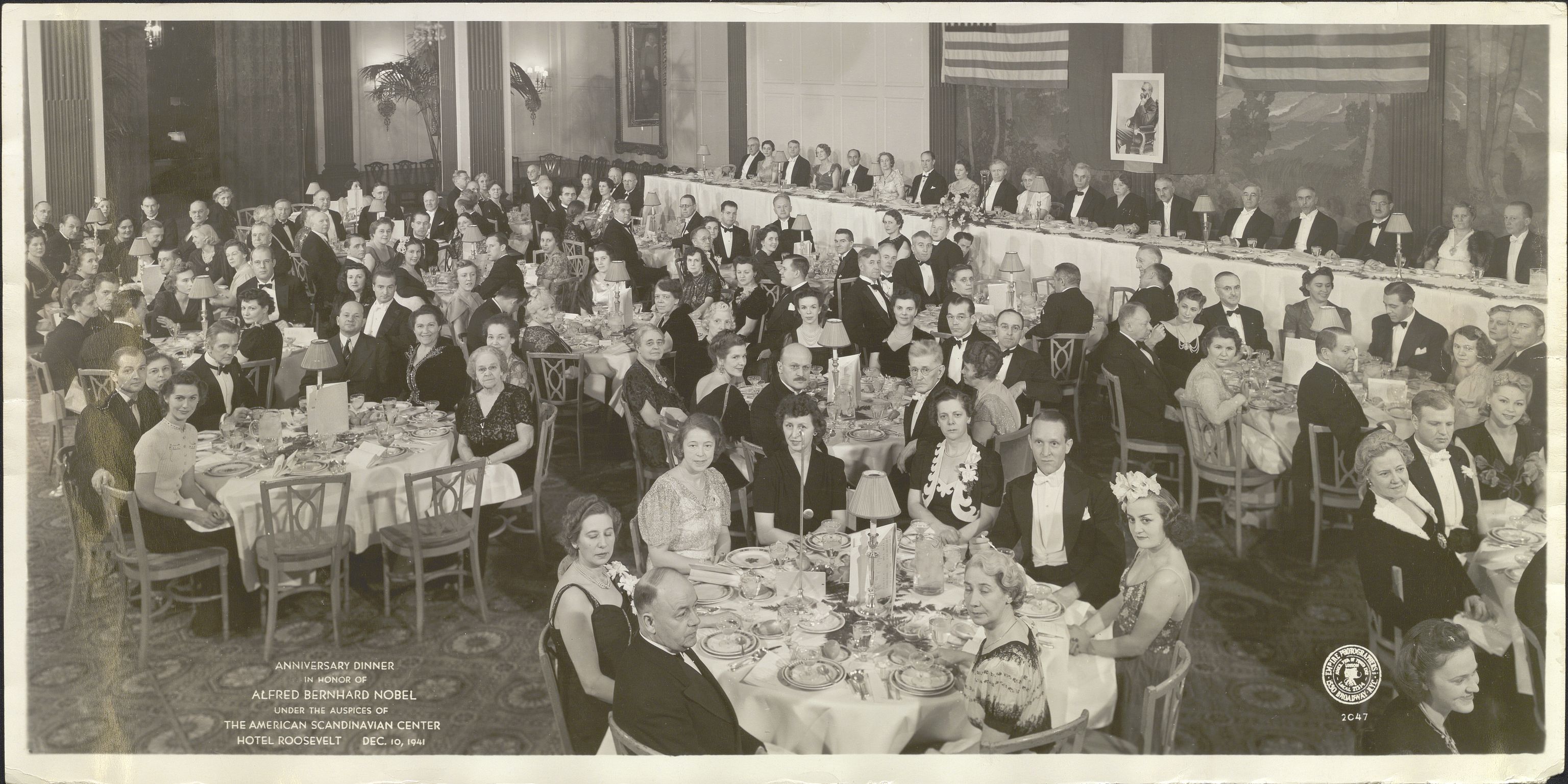 Bergens Skipperforening, AV/SAB-SAB-PA-0664/U/L0001: Anniversary Dinner in honor of Alfred Nobel under the auspices of the American Scandinavian Center, Hotel Roosevelt, 10. desember 1941, 1941