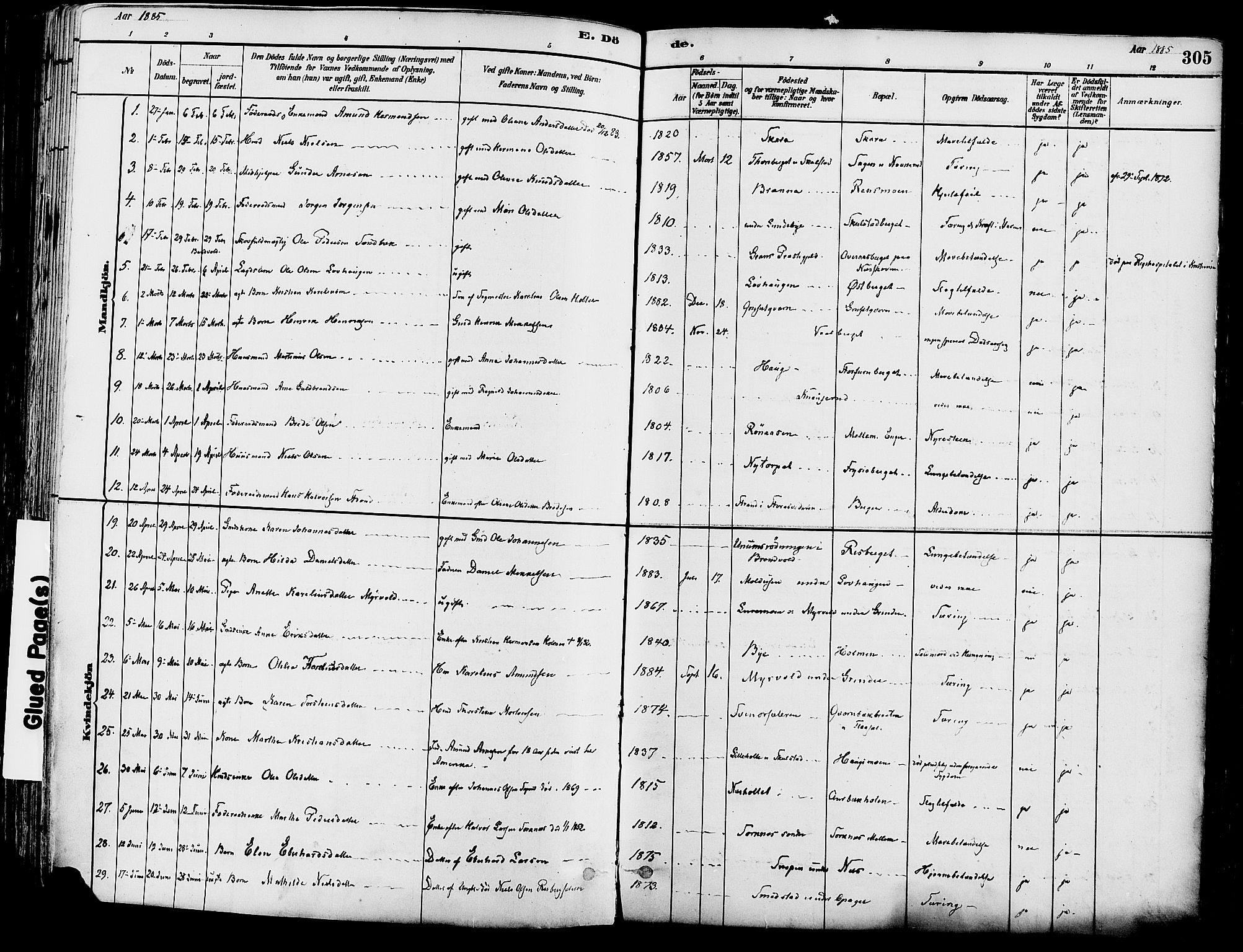 Grue prestekontor, SAH/PREST-036/H/Ha/Haa/L0012: Ministerialbok nr. 12, 1881-1897, s. 305