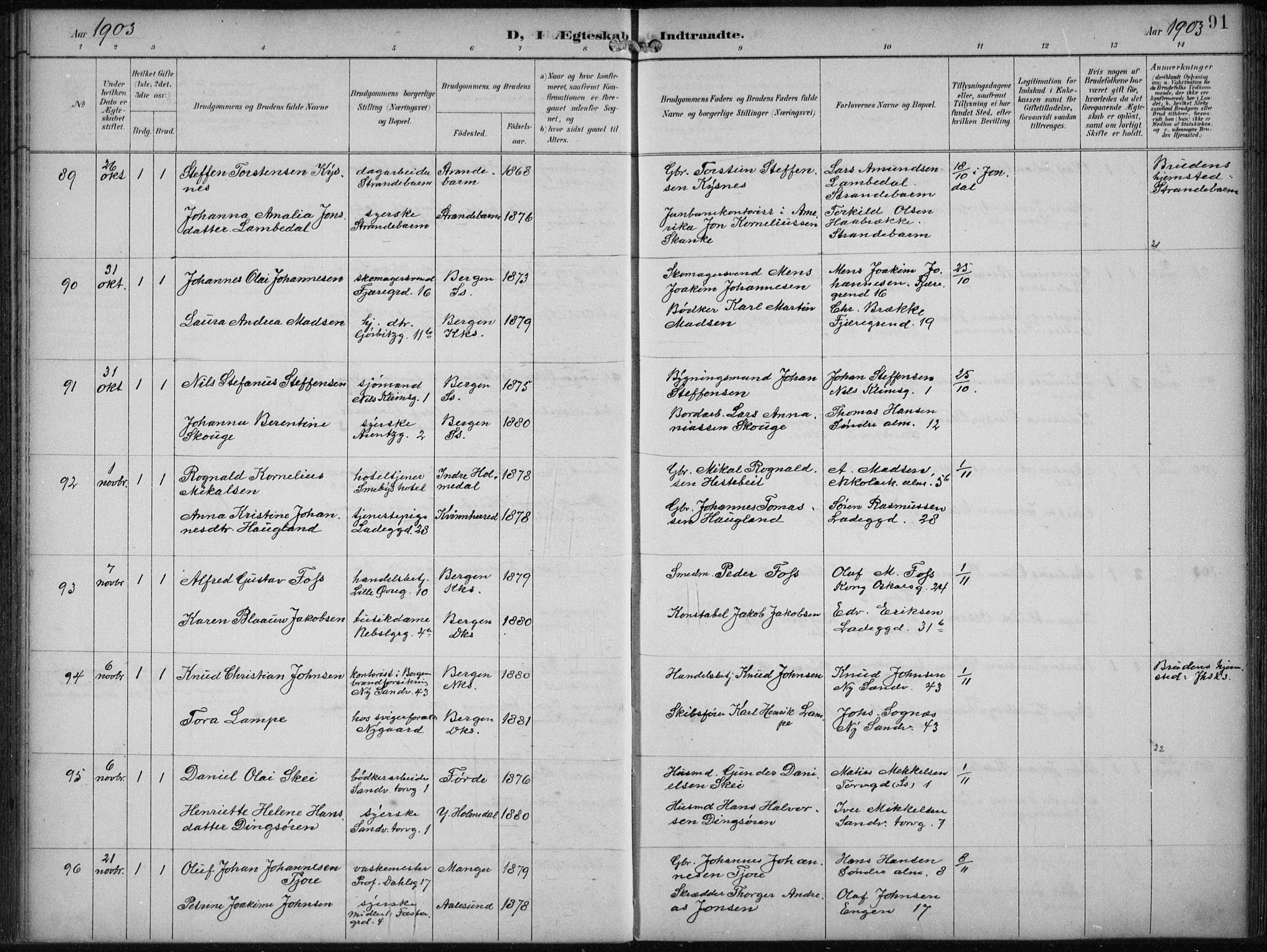 Sandviken Sokneprestembete, AV/SAB-A-77601/H/Ha/L0014: Ministerialbok nr. D 1, 1896-1911, s. 91