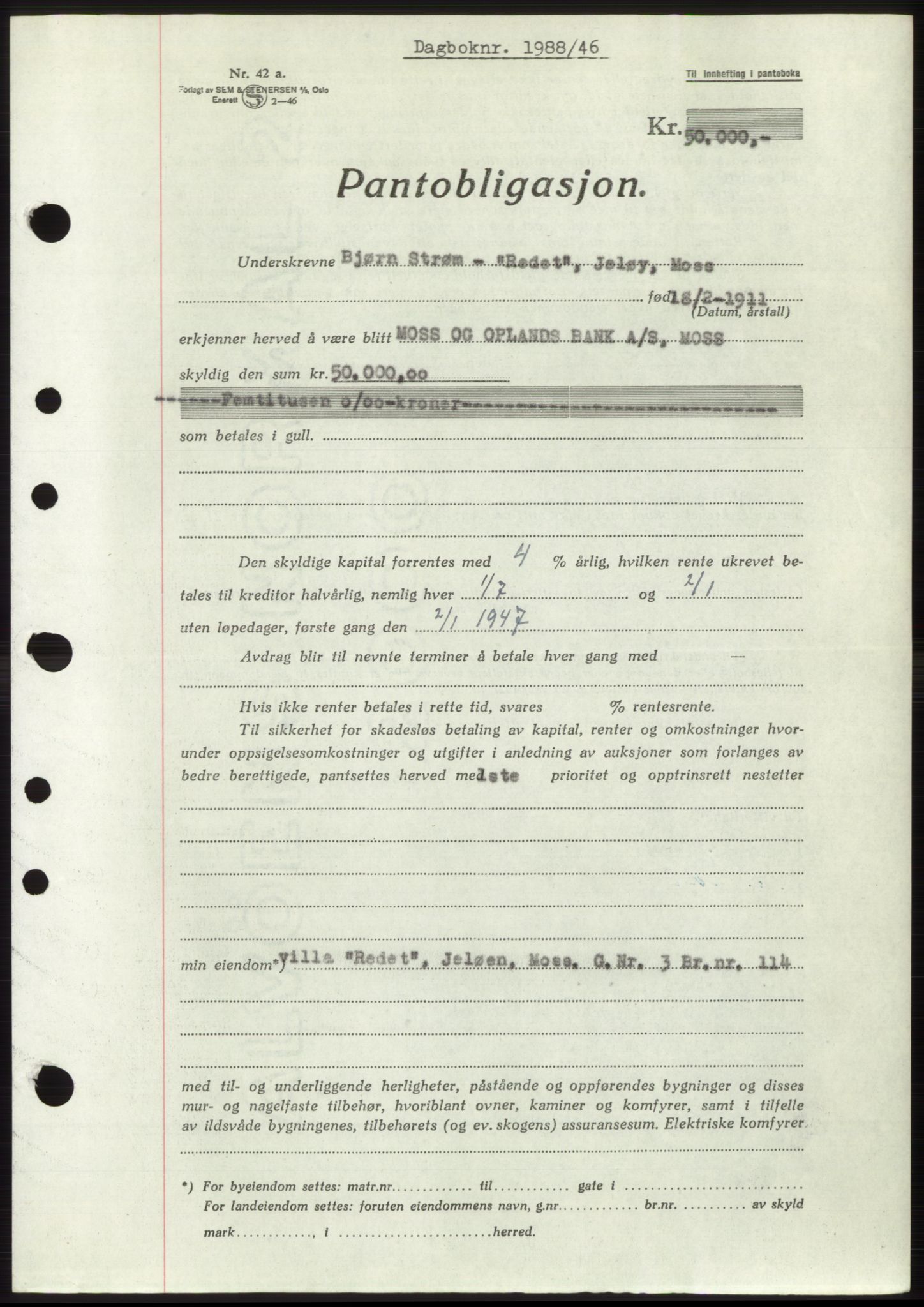 Moss sorenskriveri, SAO/A-10168: Pantebok nr. B15, 1946-1946, Dagboknr: 1988/1946