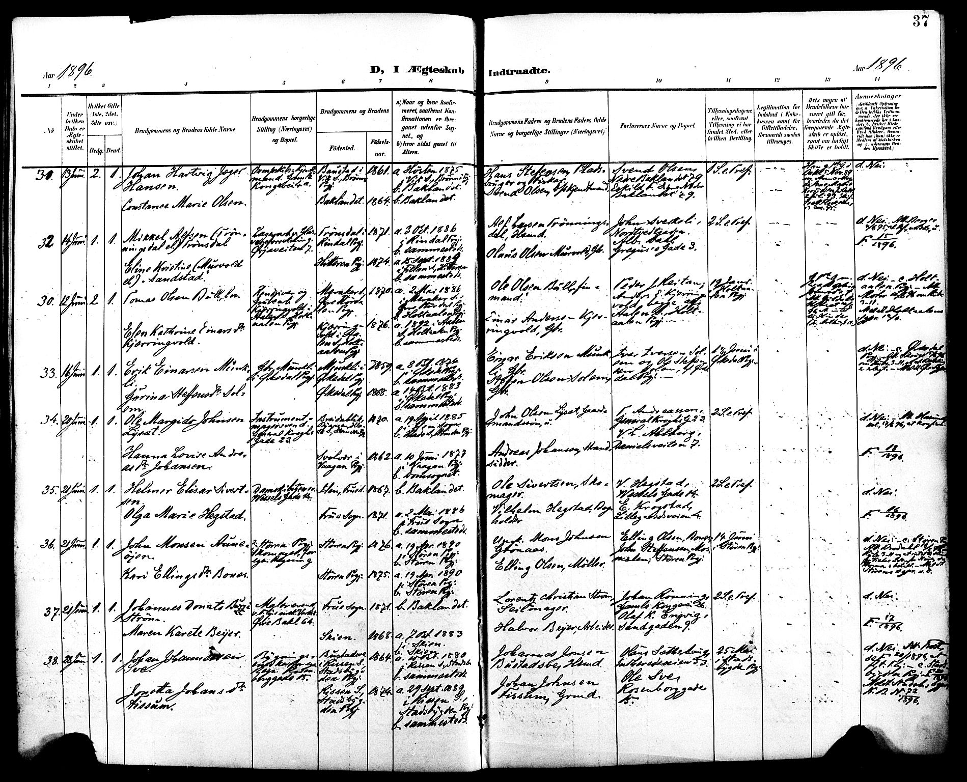 Ministerialprotokoller, klokkerbøker og fødselsregistre - Sør-Trøndelag, AV/SAT-A-1456/604/L0198: Ministerialbok nr. 604A19, 1893-1900, s. 37