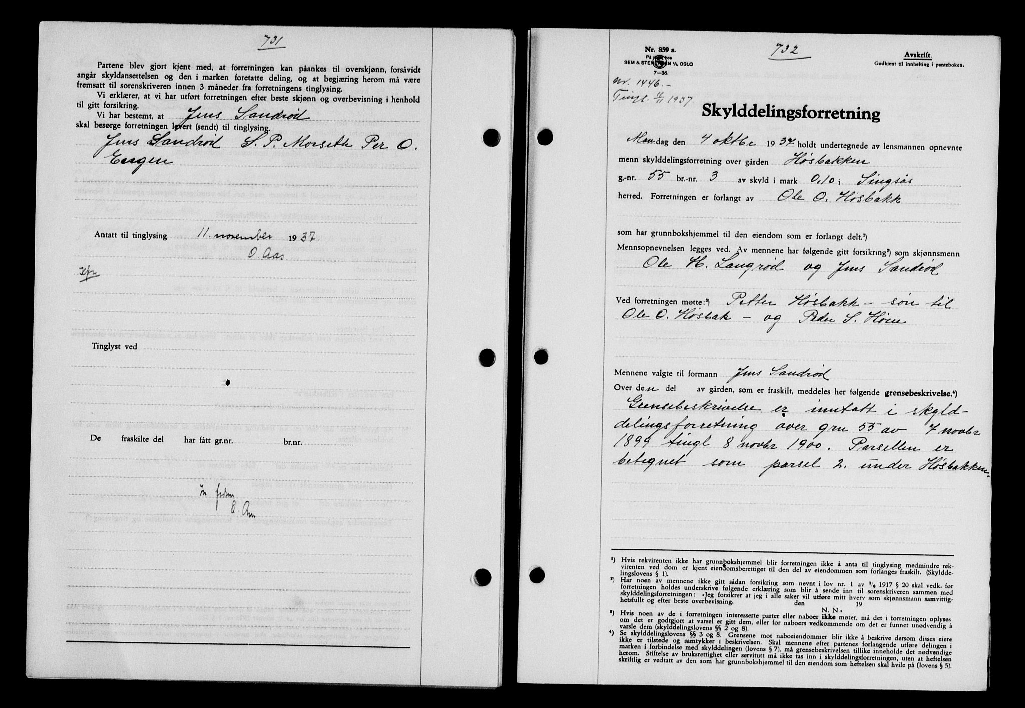 Gauldal sorenskriveri, SAT/A-0014/1/2/2C/L0048: Pantebok nr. 51-52, 1937-1938, s. 731-732, Dagboknr: 1446/1937