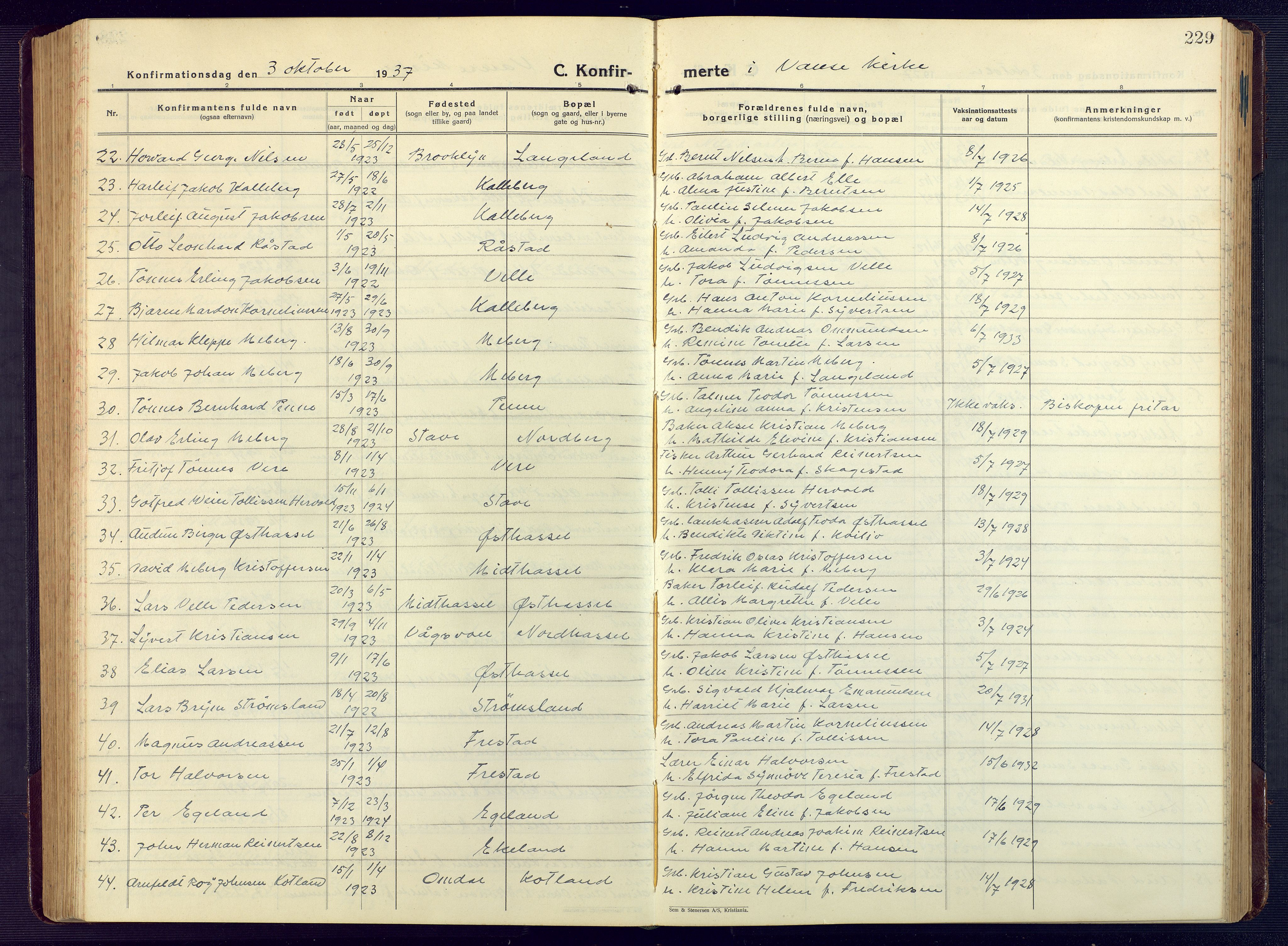 Lista sokneprestkontor, SAK/1111-0027/F/Fb/L0006: Klokkerbok nr. B 6, 1924-1947, s. 229