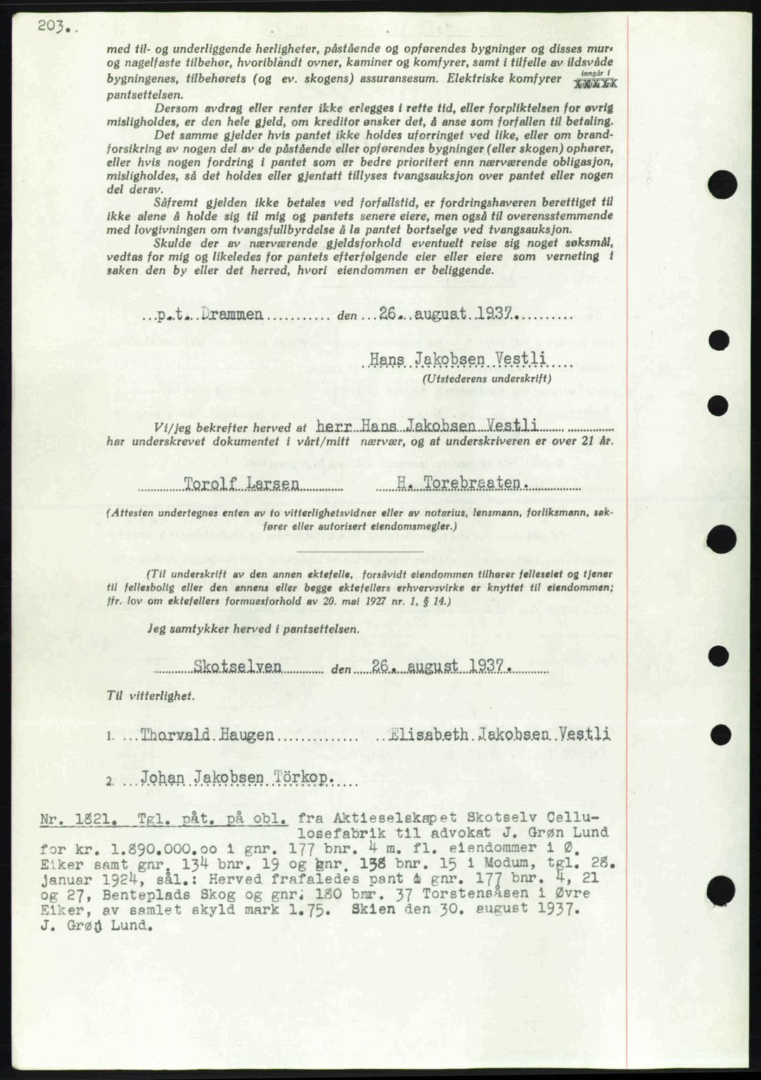 Eiker, Modum og Sigdal sorenskriveri, SAKO/A-123/G/Ga/Gab/L0036: Pantebok nr. A6, 1937-1937, Dagboknr: 1821/1937