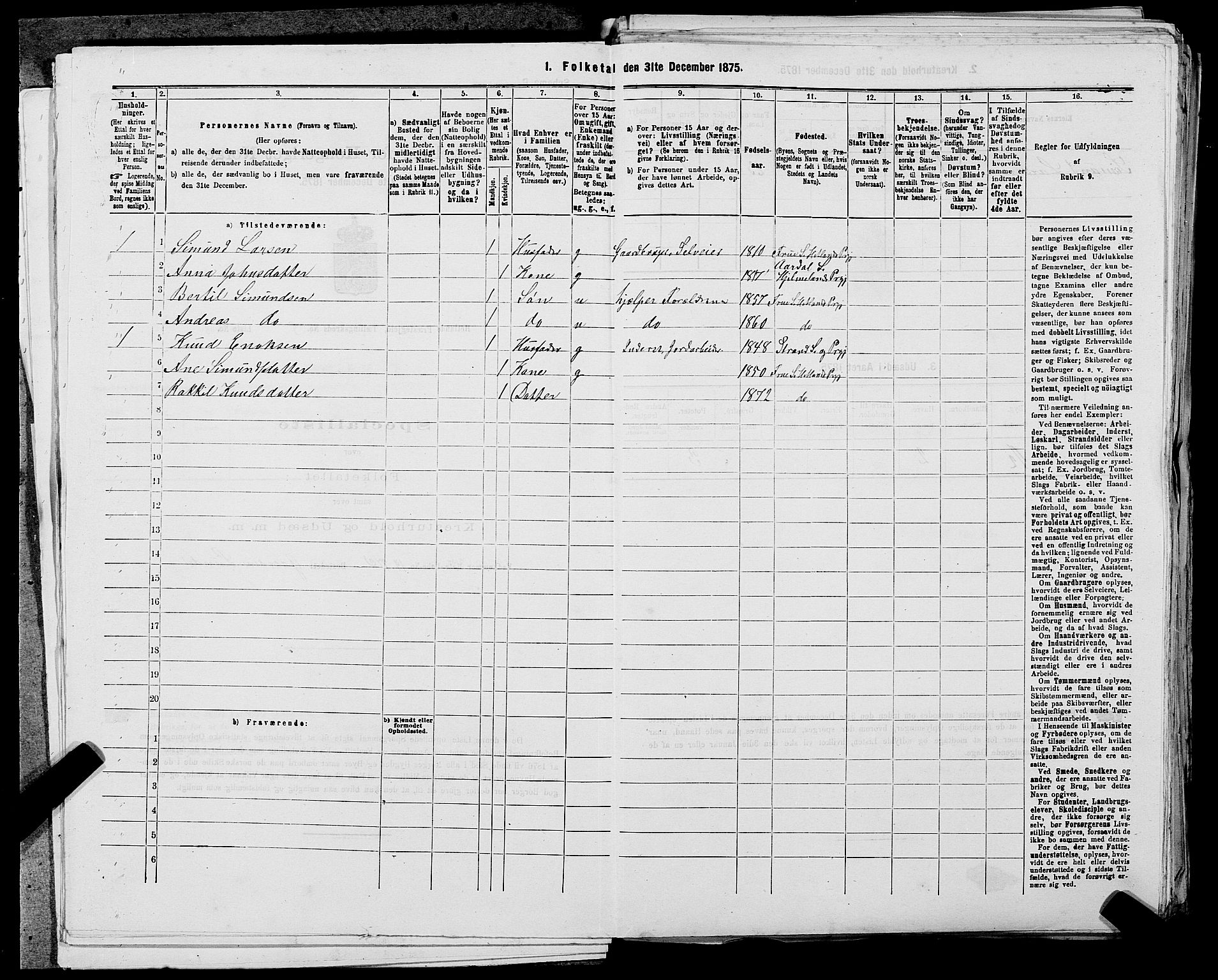 SAST, Folketelling 1875 for 1126P Hetland prestegjeld, 1875, s. 1067