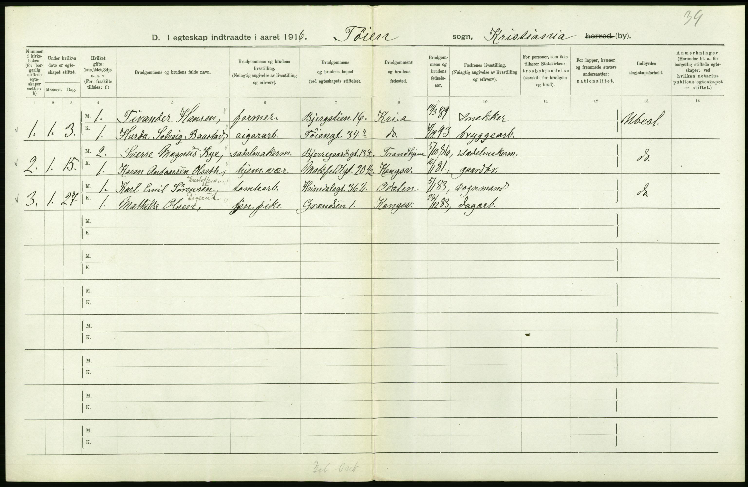 Statistisk sentralbyrå, Sosiodemografiske emner, Befolkning, AV/RA-S-2228/D/Df/Dfb/Dfbf/L0008: Kristiania: Gifte, 1916, s. 870