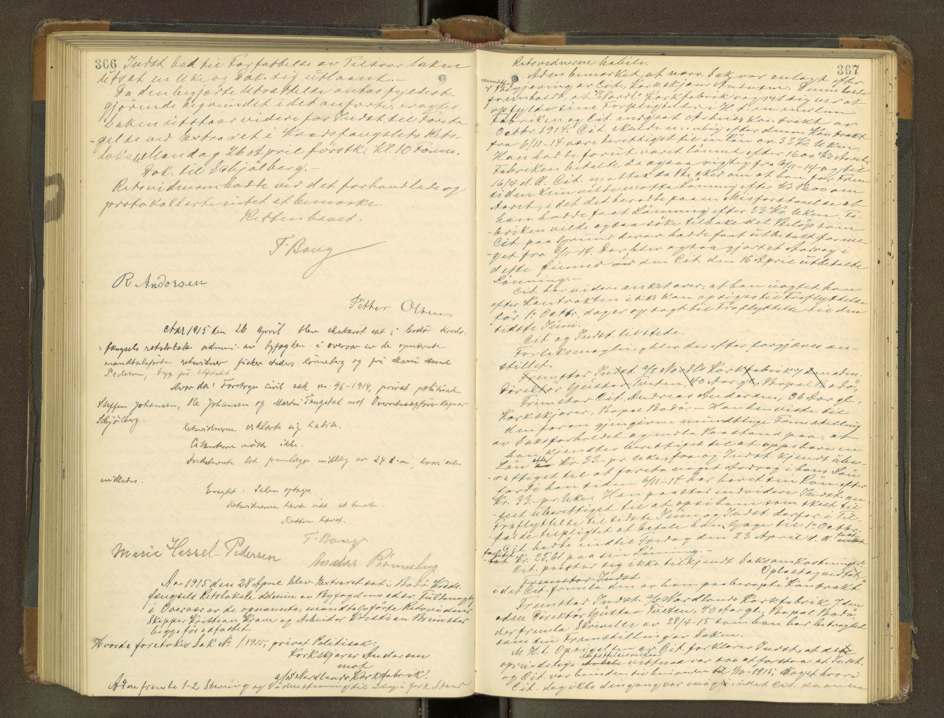 Bodø byfogd, AV/SAT-A-4588/1/1/1B/L0002: Ekstrarettsprotokoll, 1908-1918, s. 366-367