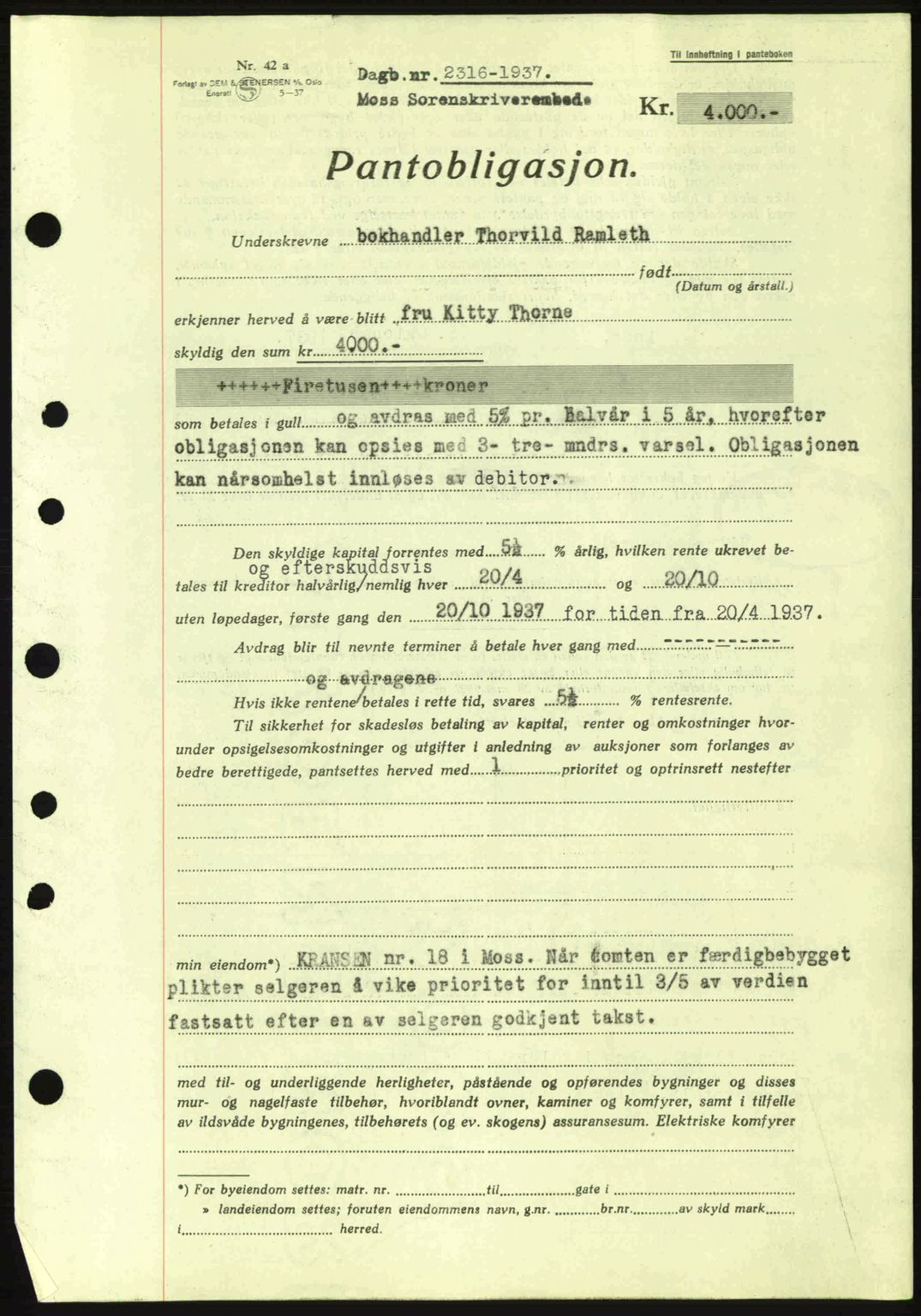 Moss sorenskriveri, SAO/A-10168: Pantebok nr. B4, 1937-1938, Dagboknr: 2316/1937