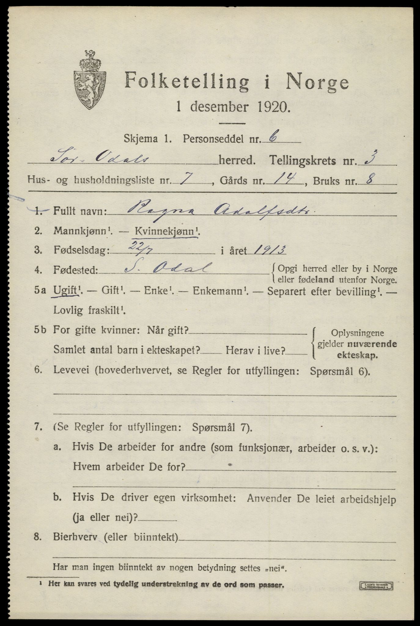 SAH, Folketelling 1920 for 0419 Sør-Odal herred, 1920, s. 4329