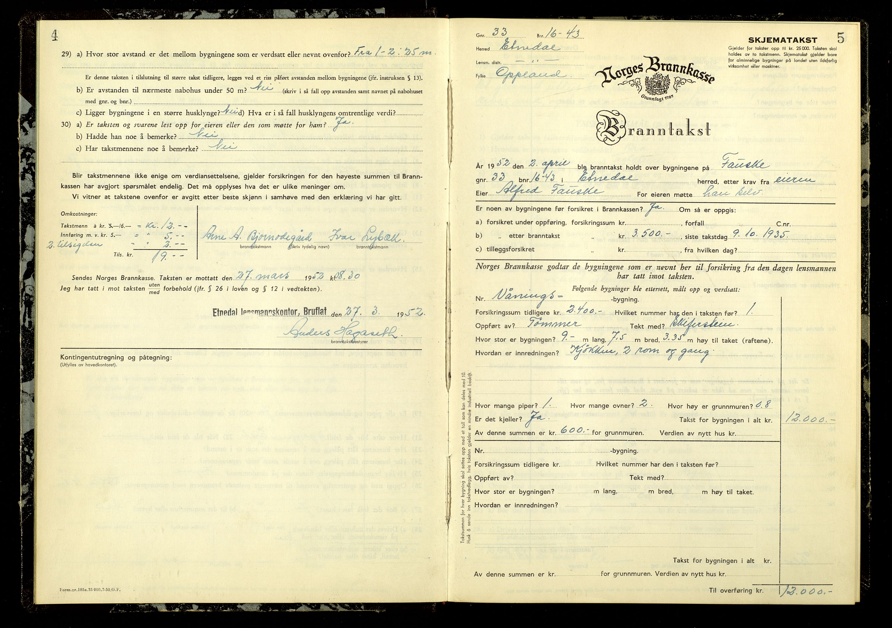 Norges Brannkasse, Etnedal, AV/SAH-NBRANE-055/F/L0007: Branntakstprotokoll, 1952-1955