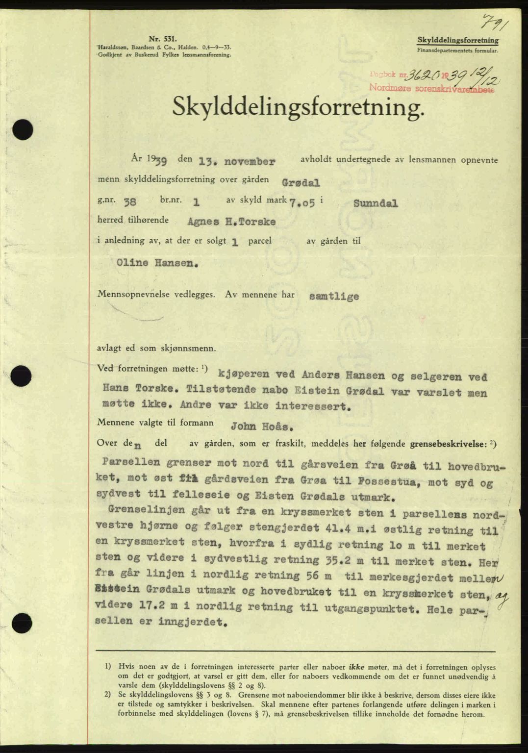 Nordmøre sorenskriveri, SAT/A-4132/1/2/2Ca: Pantebok nr. A87, 1939-1940, Dagboknr: 3620/1939