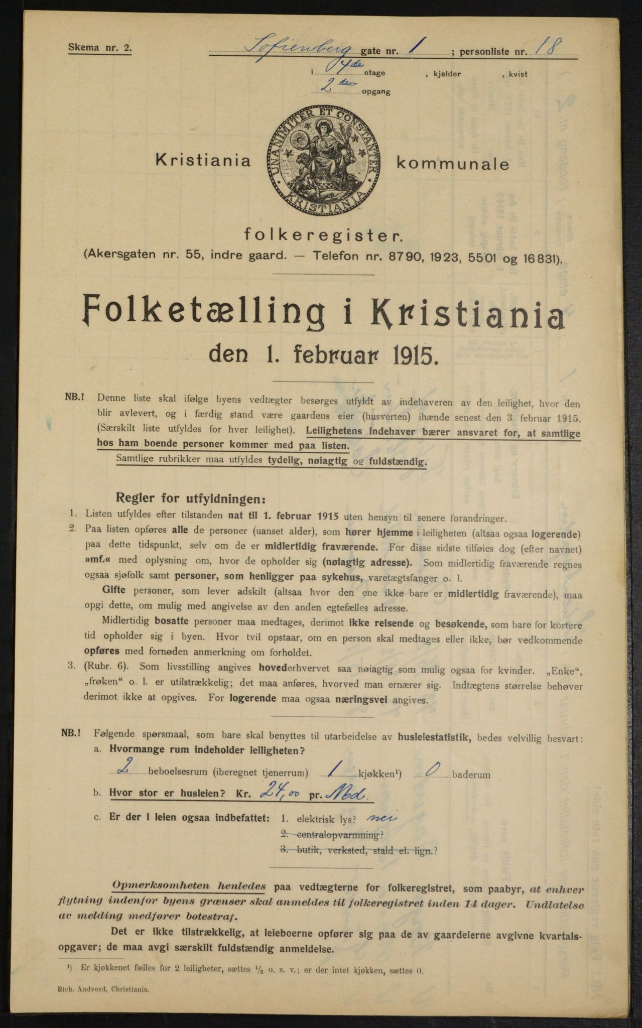 OBA, Kommunal folketelling 1.2.1915 for Kristiania, 1915, s. 98002