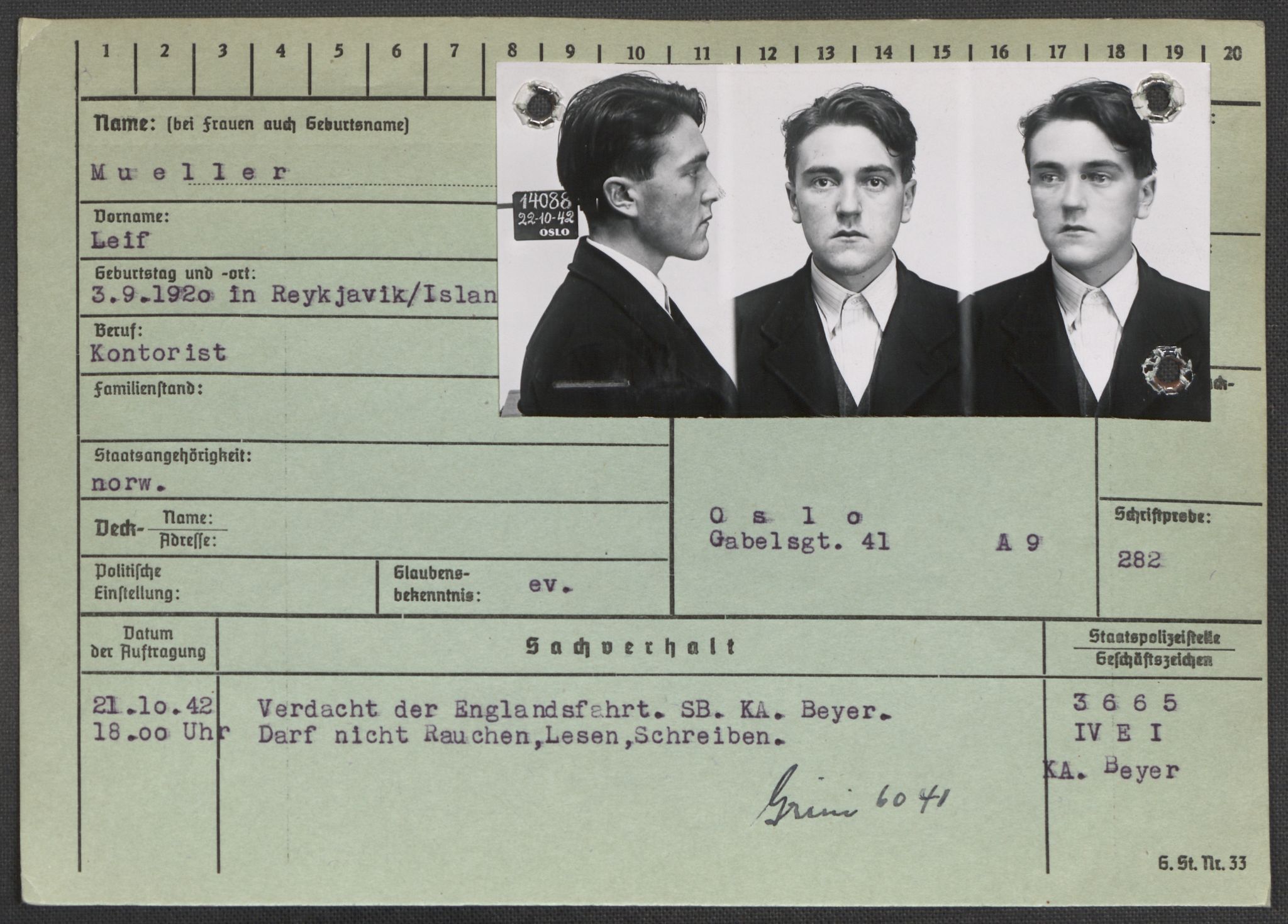 Befehlshaber der Sicherheitspolizei und des SD, RA/RAFA-5969/E/Ea/Eaa/L0007: Register over norske fanger i Møllergata 19: Lundb-N, 1940-1945, s. 850