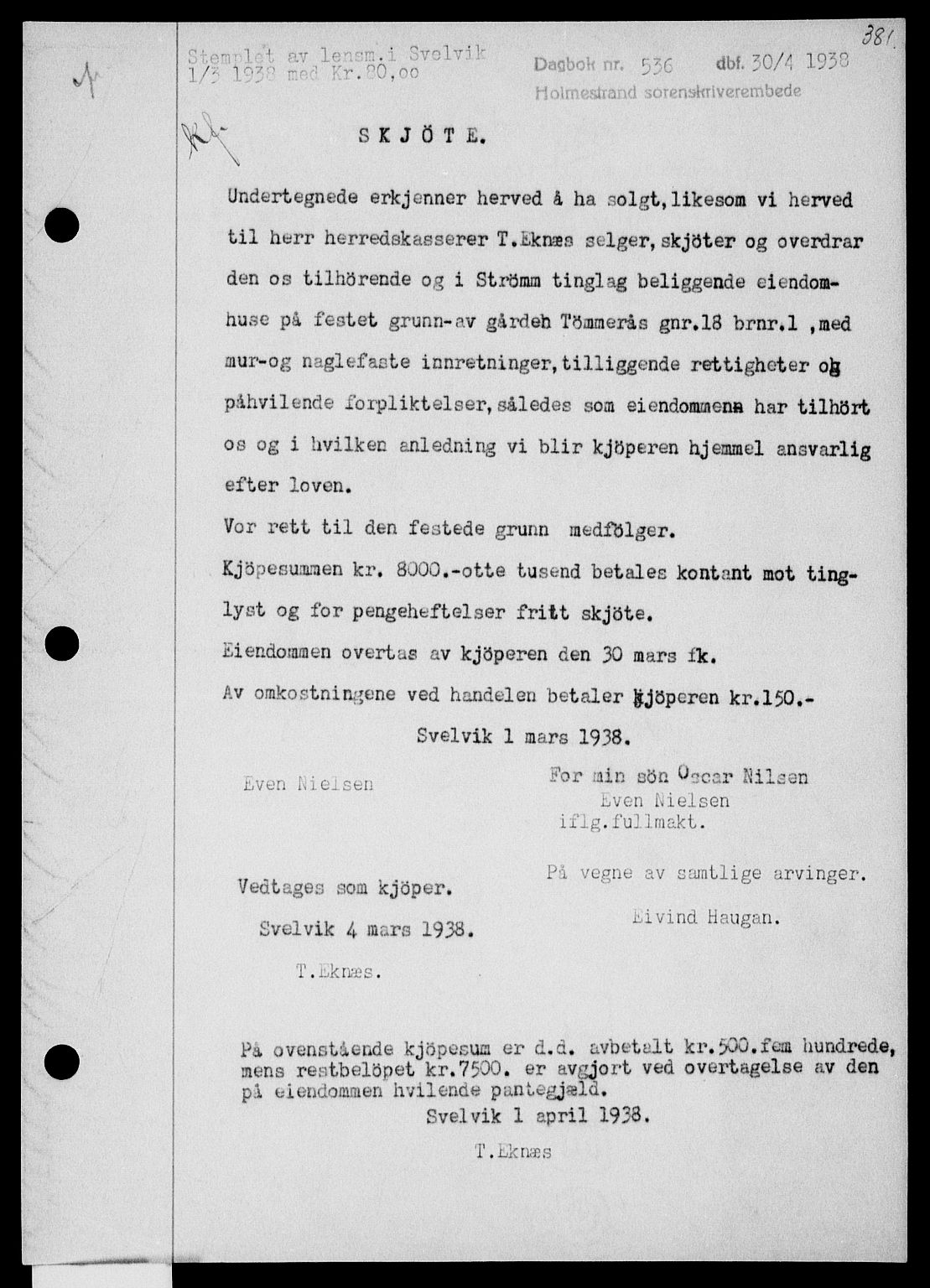 Holmestrand sorenskriveri, SAKO/A-67/G/Ga/Gaa/L0049: Pantebok nr. A-49, 1937-1938, Dagboknr: 536/1938