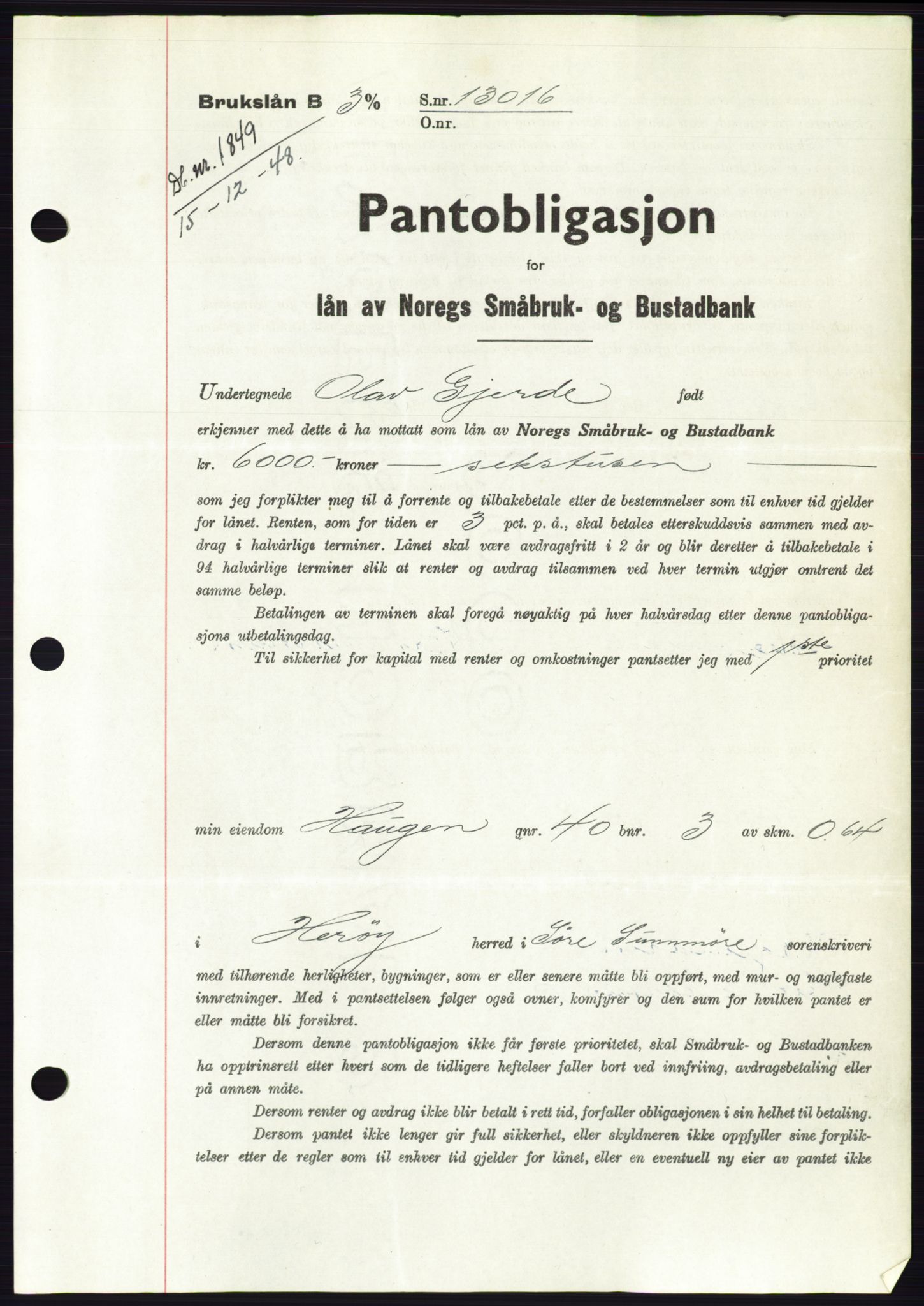 Søre Sunnmøre sorenskriveri, AV/SAT-A-4122/1/2/2C/L0116: Pantebok nr. 4B, 1948-1949, Dagboknr: 1849/1948