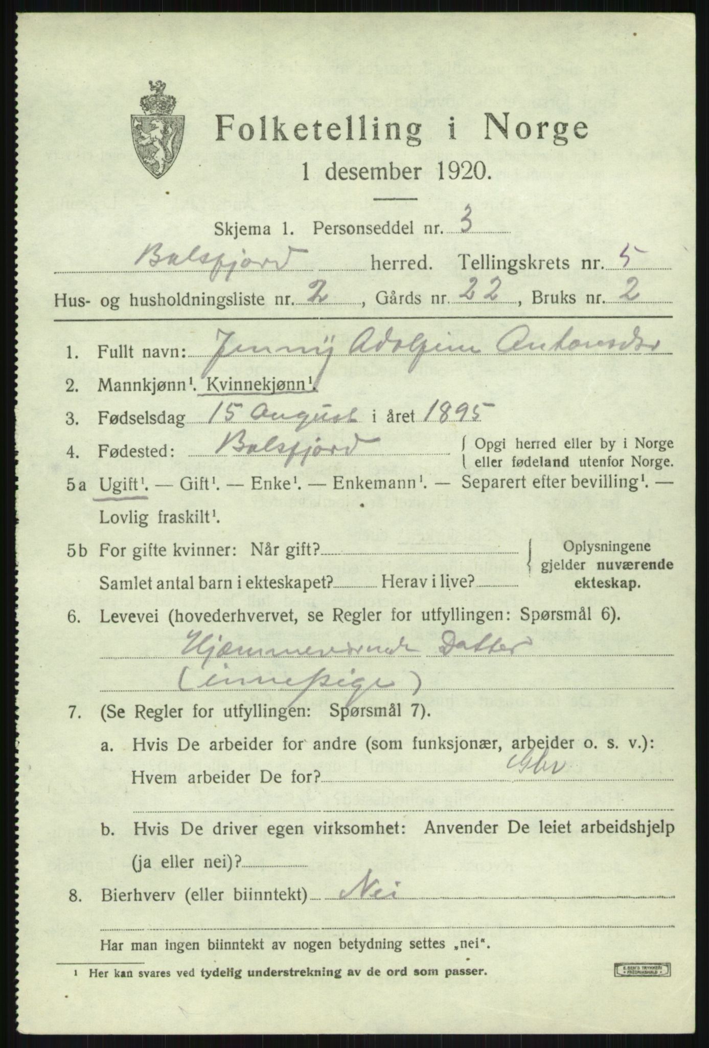 SATØ, Folketelling 1920 for 1933 Balsfjord herred, 1920, s. 3118