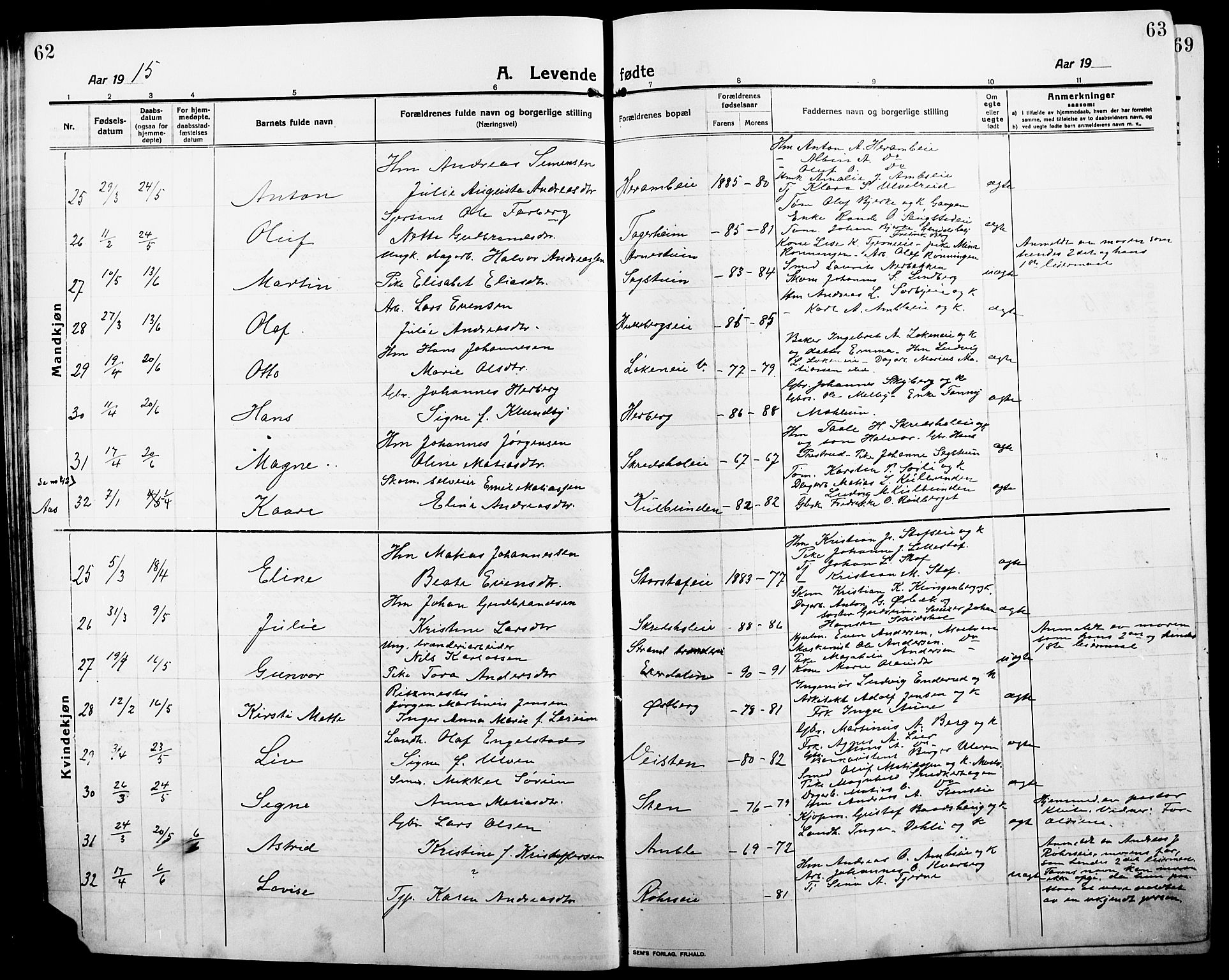 Ringsaker prestekontor, AV/SAH-PREST-014/L/La/L0018: Klokkerbok nr. 18, 1913-1922, s. 62-63