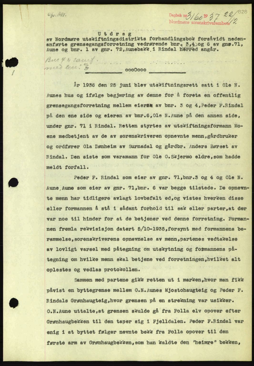 Nordmøre sorenskriveri, SAT/A-4132/1/2/2Ca: Pantebok nr. A82, 1937-1938, Dagboknr: 3160/1937