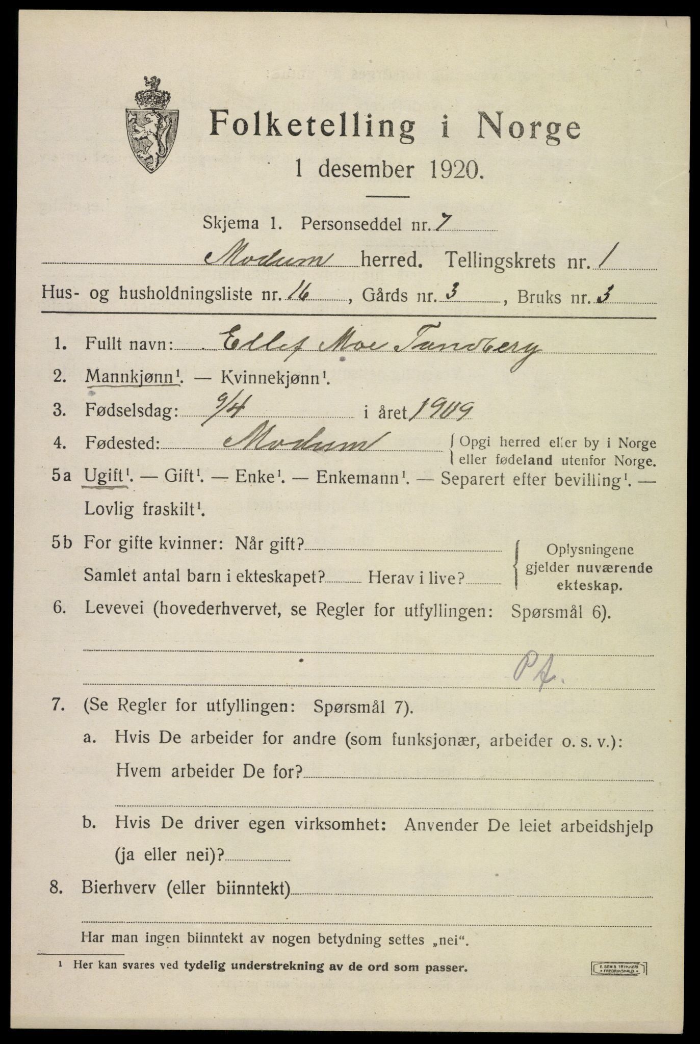 SAKO, Folketelling 1920 for 0623 Modum herred, 1920, s. 4259