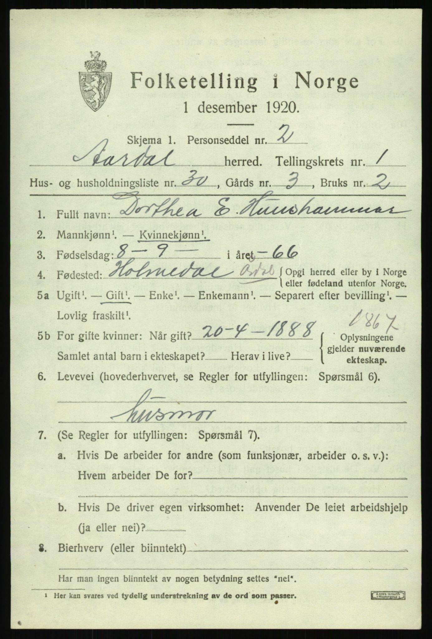 SAB, Folketelling 1920 for 1424 Årdal herred, 1920, s. 853