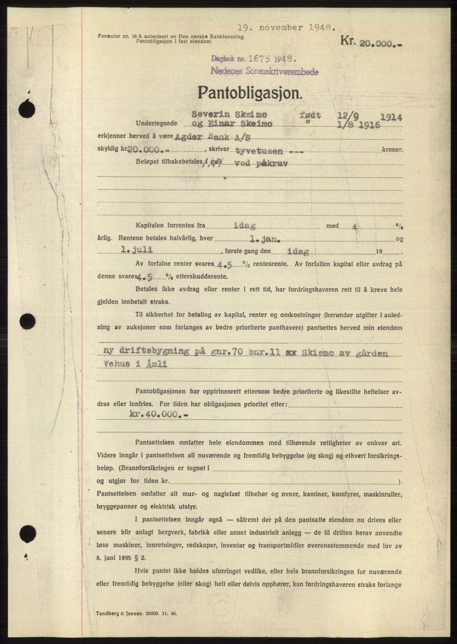 Nedenes sorenskriveri, AV/SAK-1221-0006/G/Gb/Gbb/L0005: Pantebok nr. B5, 1948-1948, Dagboknr: 1673/1948