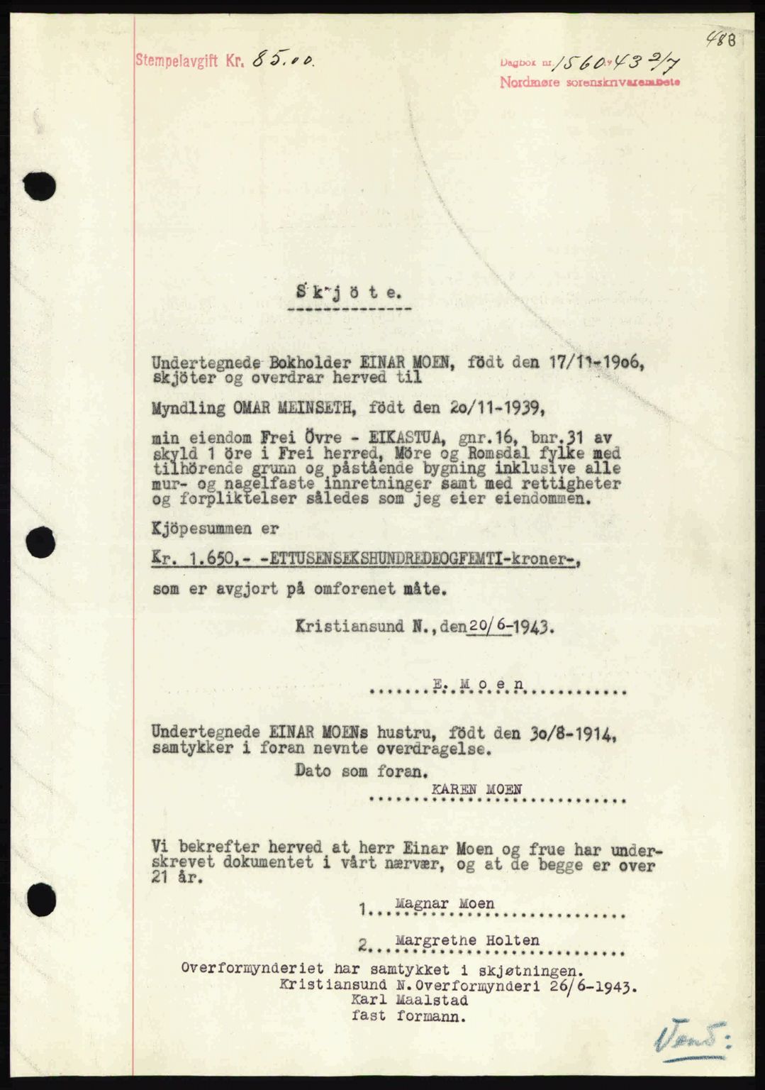 Nordmøre sorenskriveri, AV/SAT-A-4132/1/2/2Ca: Pantebok nr. A95, 1943-1943, Dagboknr: 1560/1943