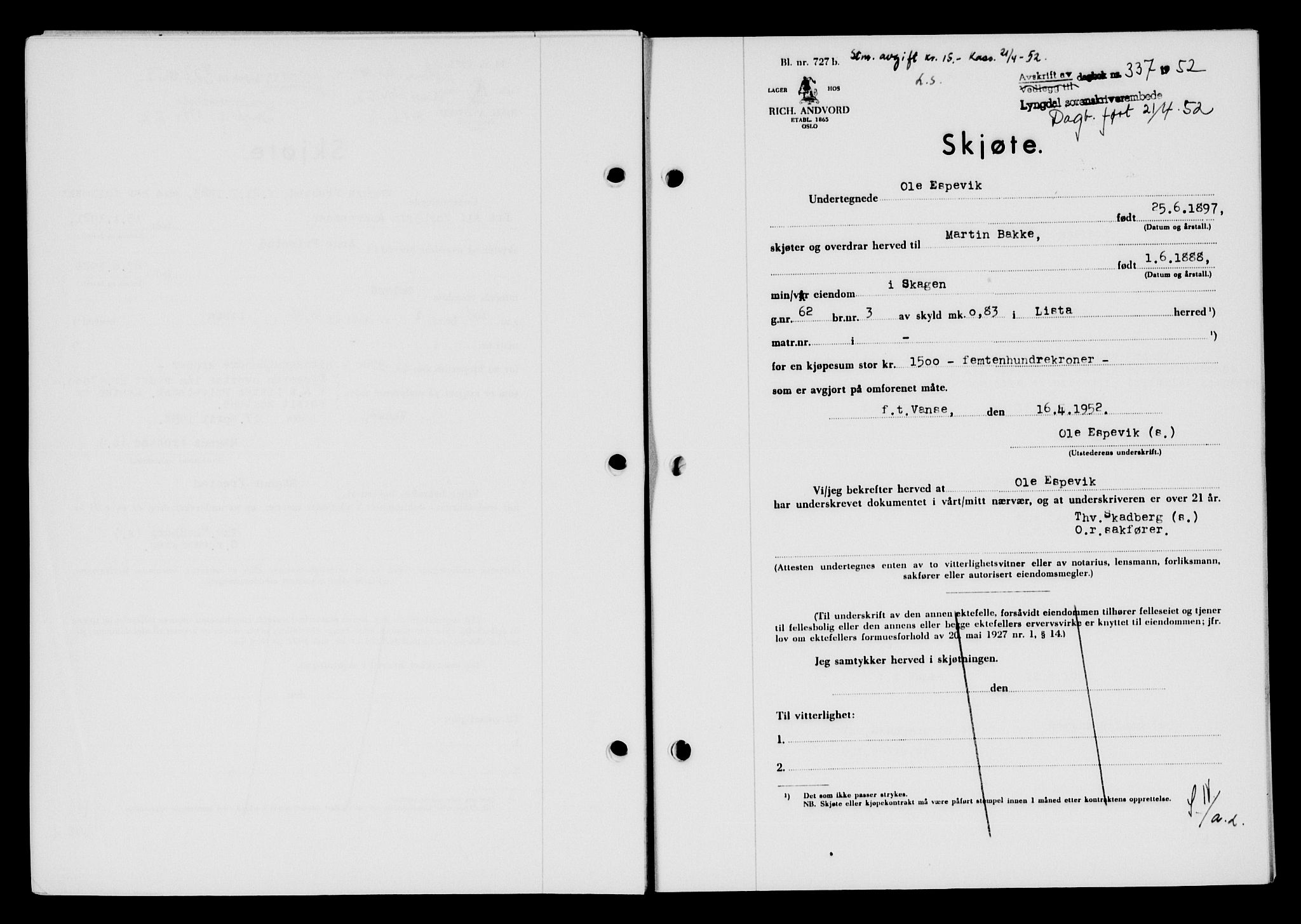 Lyngdal sorenskriveri, AV/SAK-1221-0004/G/Gb/L0667: Pantebok nr. A XIII, 1951-1952, Dagboknr: 337/1952