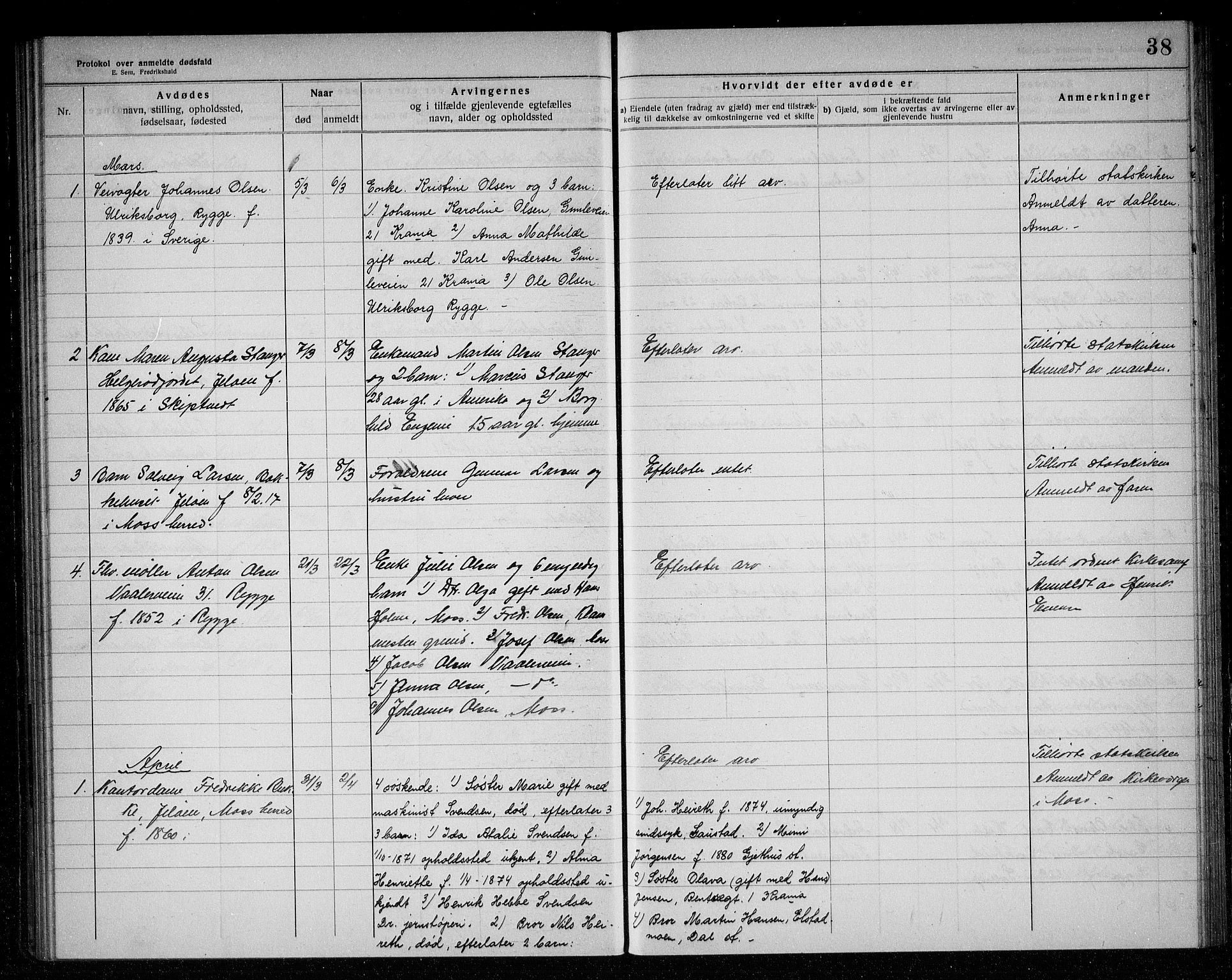 Rygge lensmannskontor, AV/SAO-A-10005/H/Ha/Haa/L0006: Dødsfallsprotokoll, 1916-1920, s. 38