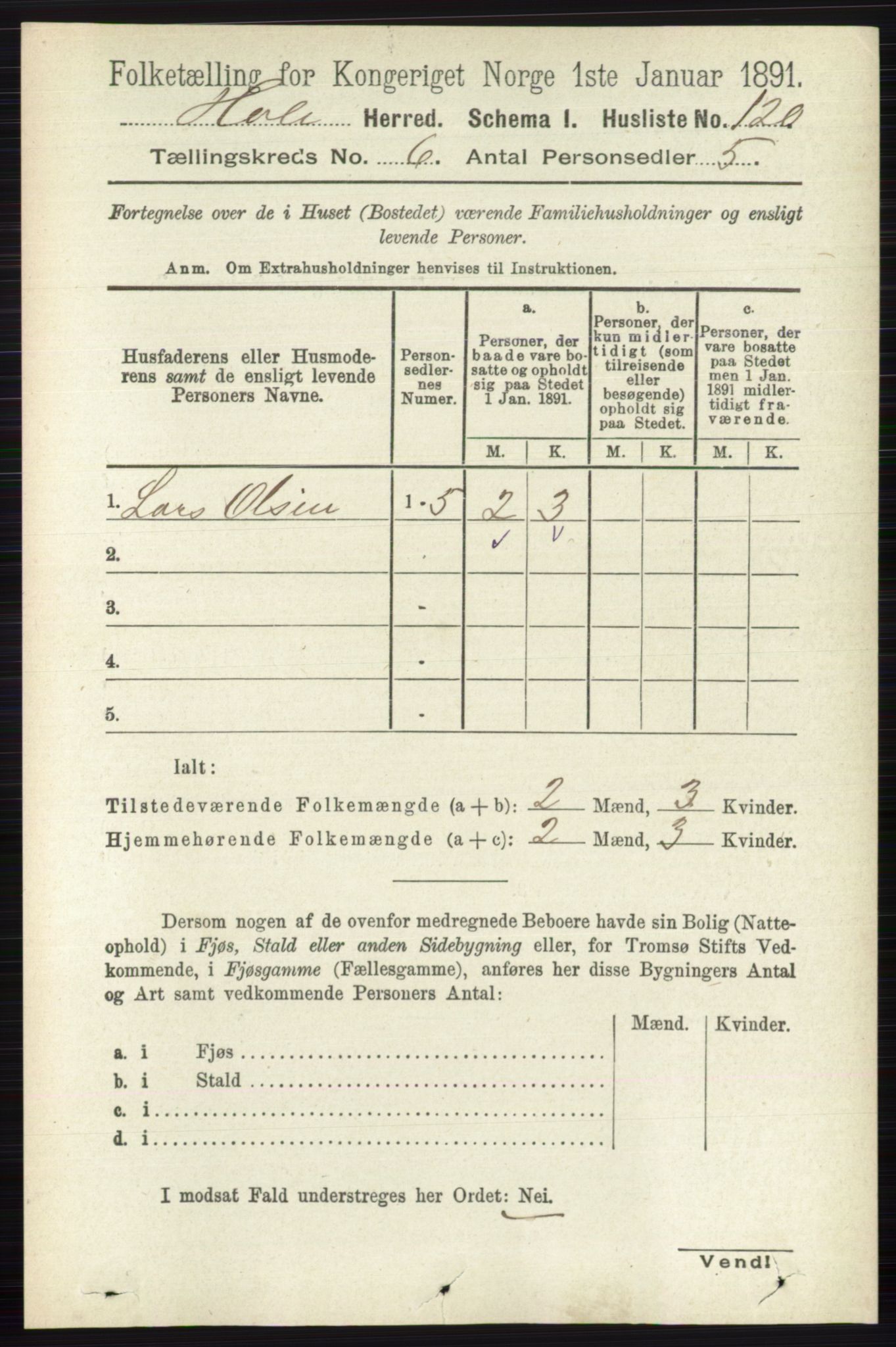 RA, Folketelling 1891 for 0612 Hole herred, 1891, s. 3097