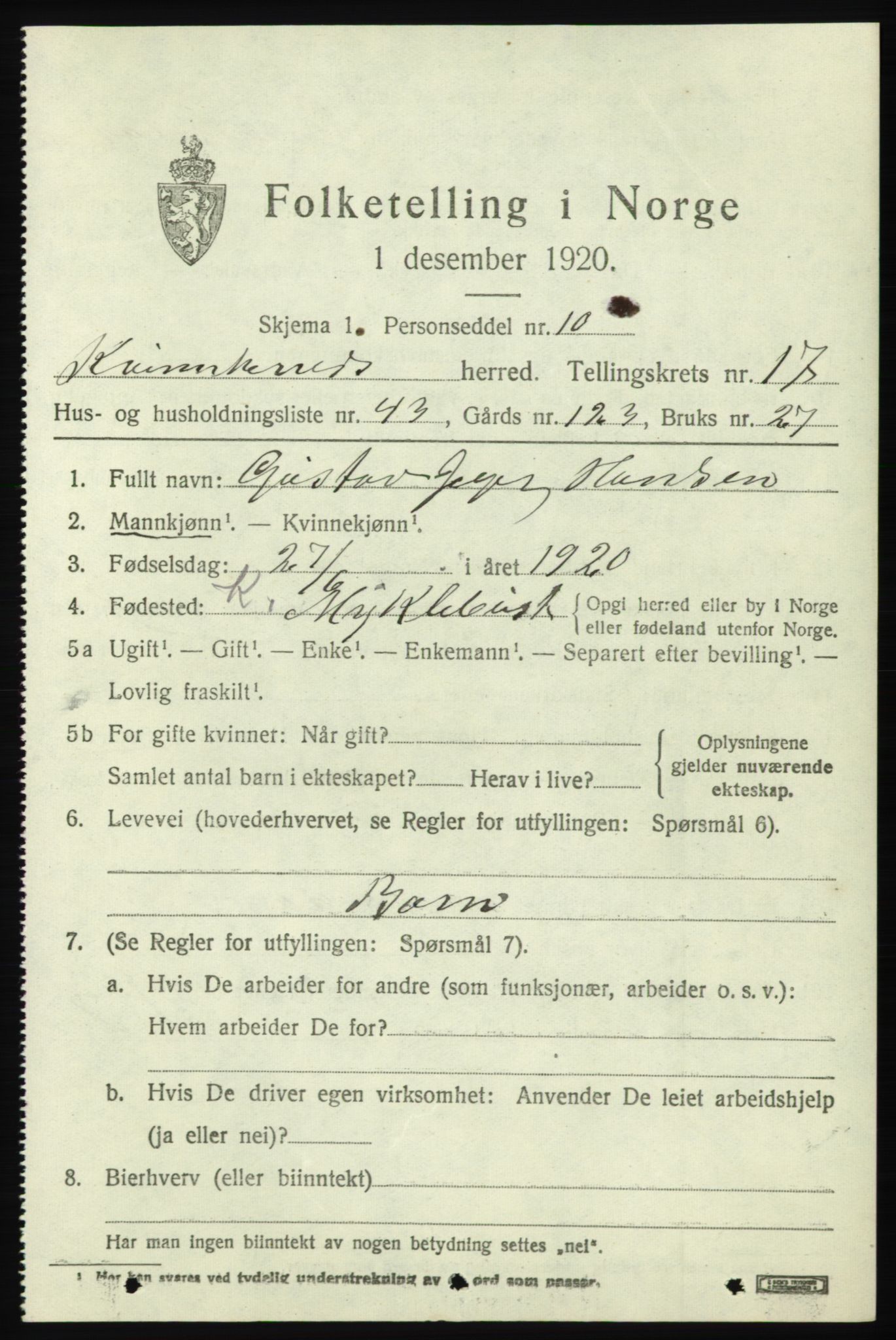 SAB, Folketelling 1920 for 1224 Kvinnherad herred, 1920, s. 11010
