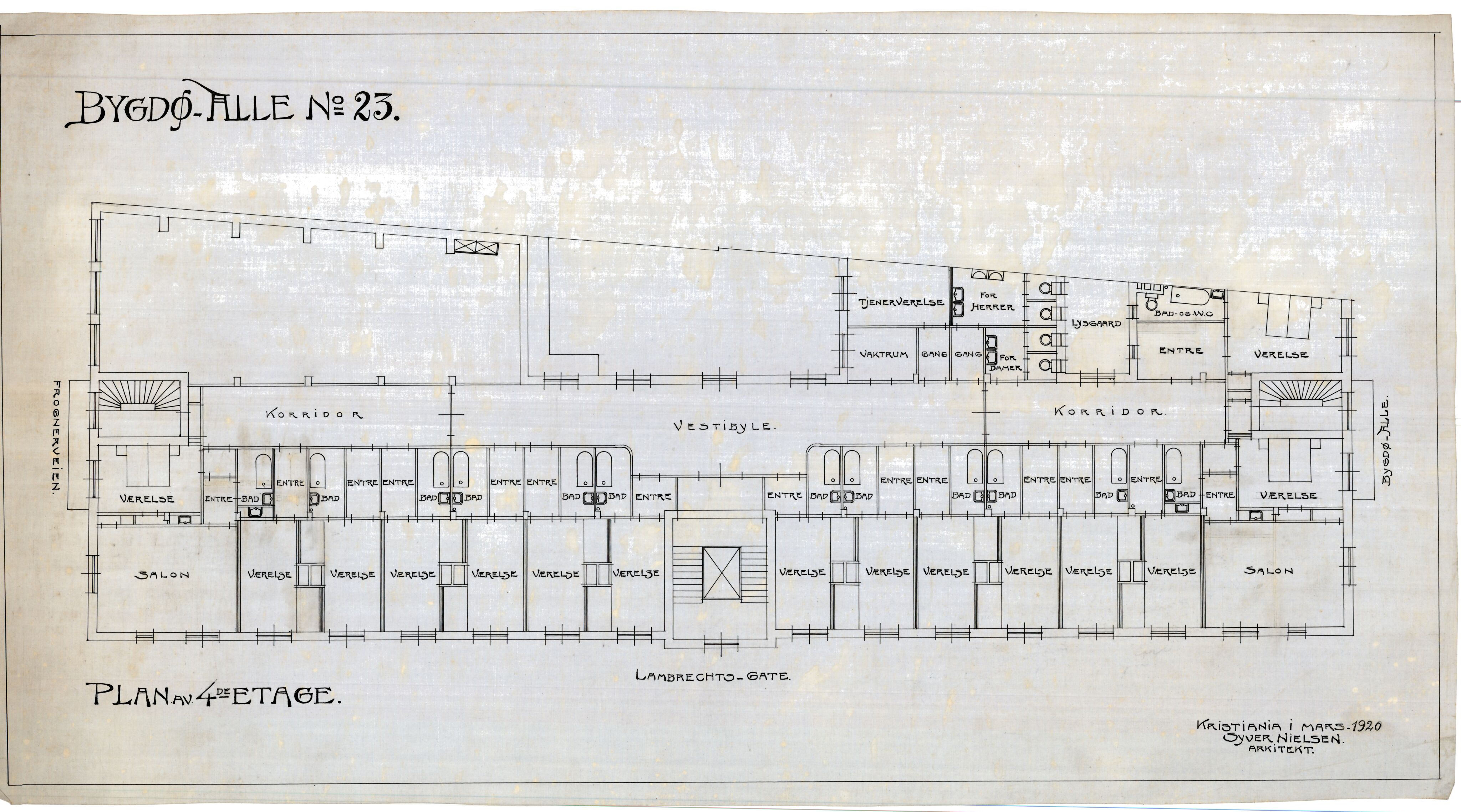 Syver Nielsen Arkitekt, OBA/A-70230/T/L0003/0004: Bygdøy allé 23, ikke gjennomført prosjekt for automobilhotell / Grunnplaner, 1920, s. 5